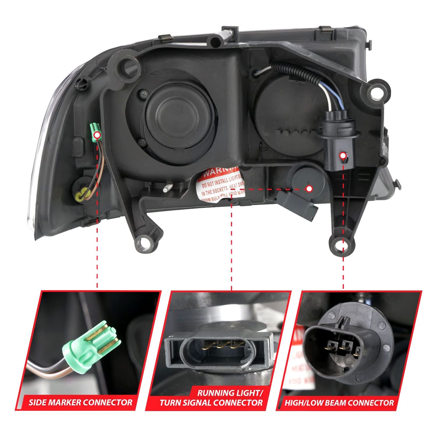 97-04 Dodge Dakota/Durango ANZO Crystal Headlight Set w/Light Bar Black Housing