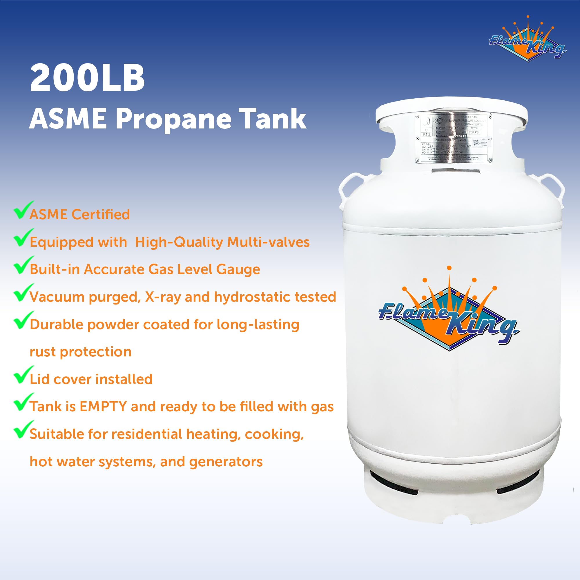 Flame King 200-Pound CYL200ASME ASME Propane Tank, Multi-Valves with Accurate Gas Level Gauge