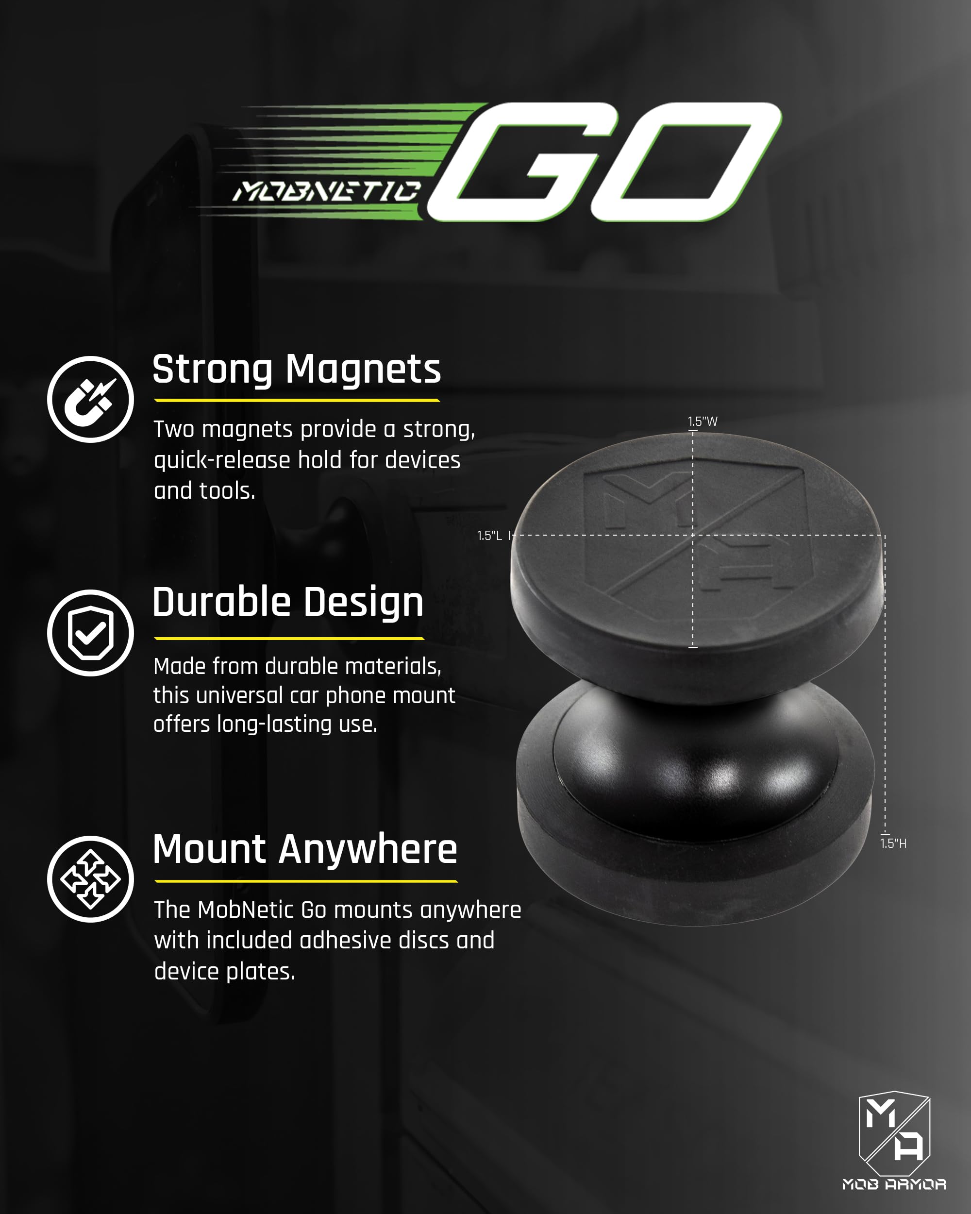 Mob Armor Go MobNetic Magnetic Phone Car Holder with Metal Plate - Strong Magnetic Base, Aircraft Grade Aluminum, Car Dashboard & Metal Surface Mount, Compatible with iPhone and Android Smartphones