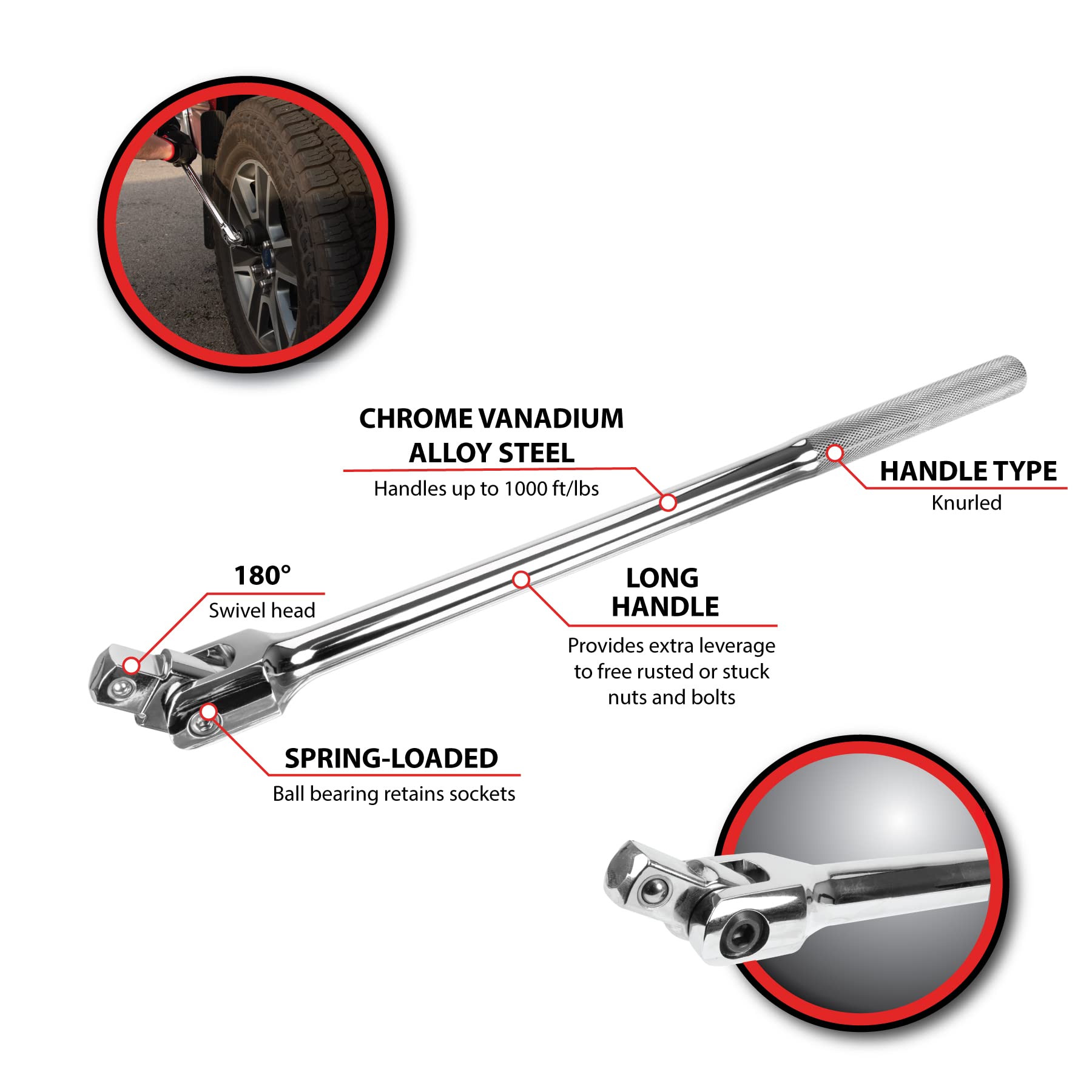 W34120 Performance Tool 3/4-in Drive Flex Handle Home Improvement Hand Tool, Silver, 19-Inches