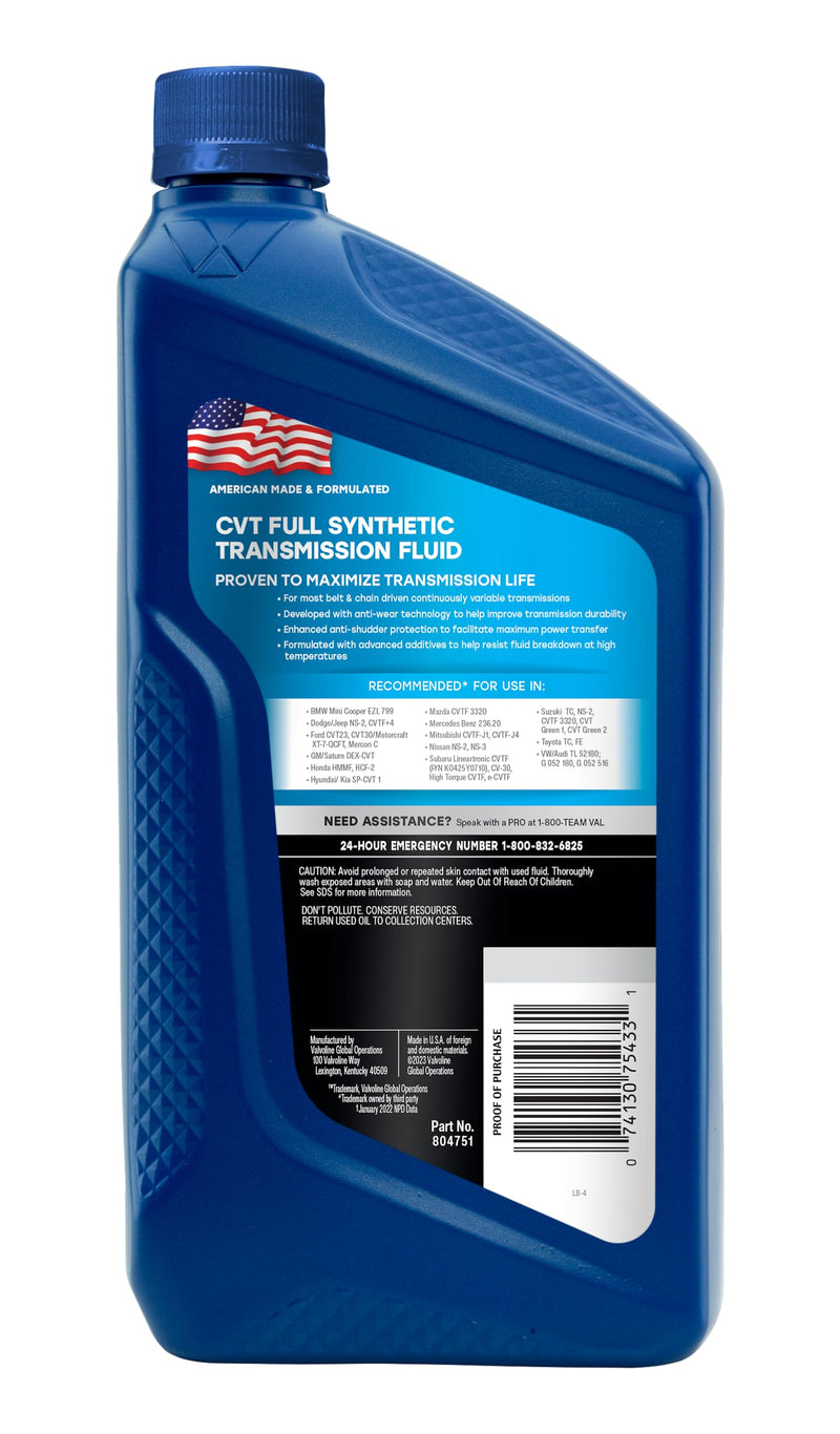 CVT Full Synthetic Valvoline Continuously Variable Transmission Fluid 1 Quart