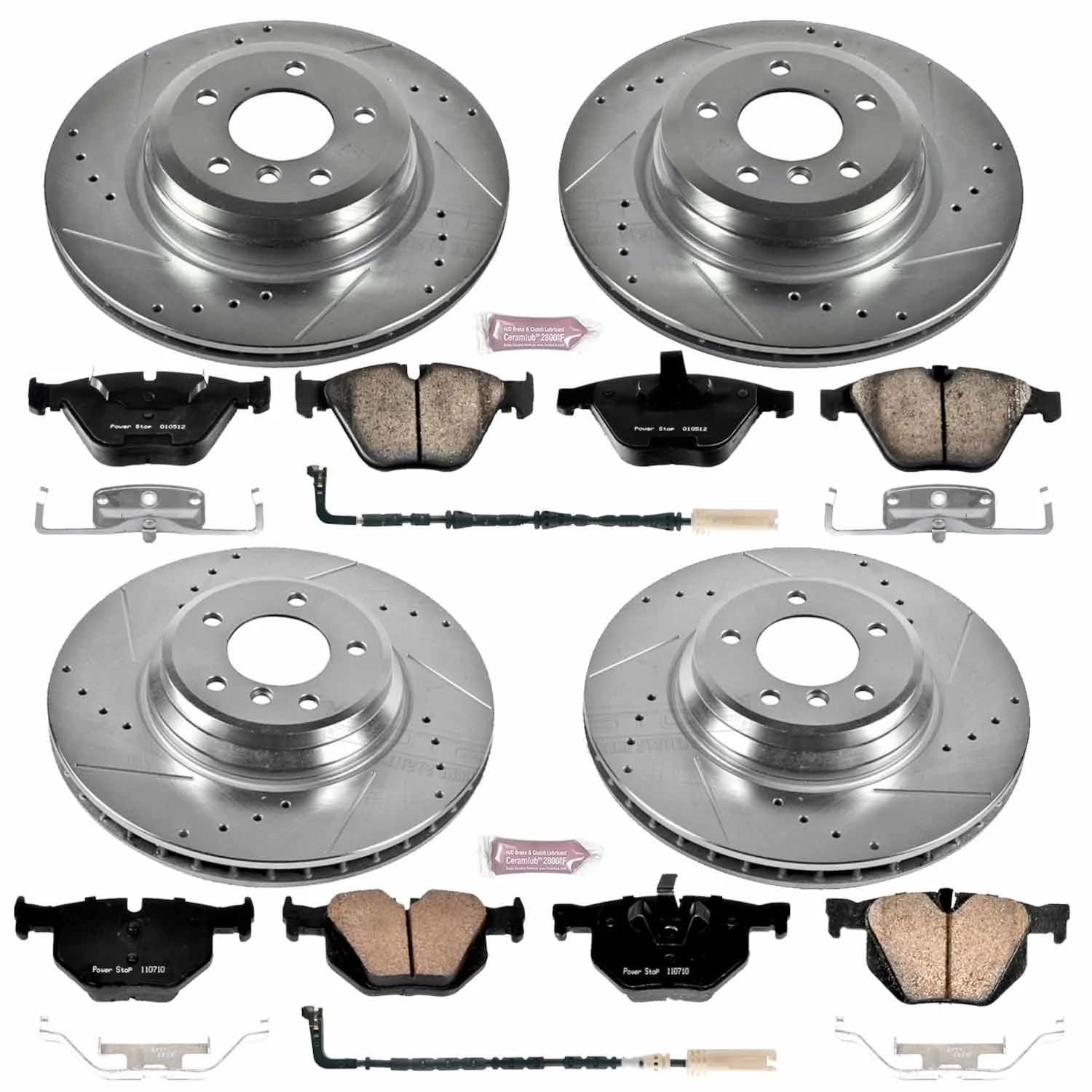 Power Stop K4094 Z23 Carbon Fiber Brake Pads with Drilled & Slotted Brake Rotors Kit and 1 Front & 1 Rear Sensor Wires