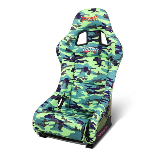 NRG Innovations Prisma FRP-303-GIJ Fixed Back Bucket Racing Seat with Bottom Mount Bracket, Green Camo/Green Glitter Back