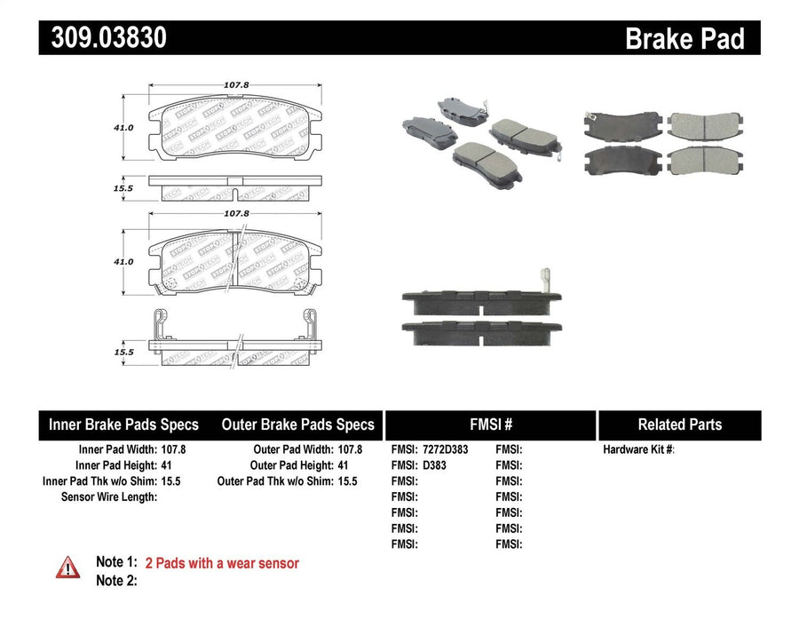 Sport Brake Pads StopTech 309.03830 with Shims and Hardware