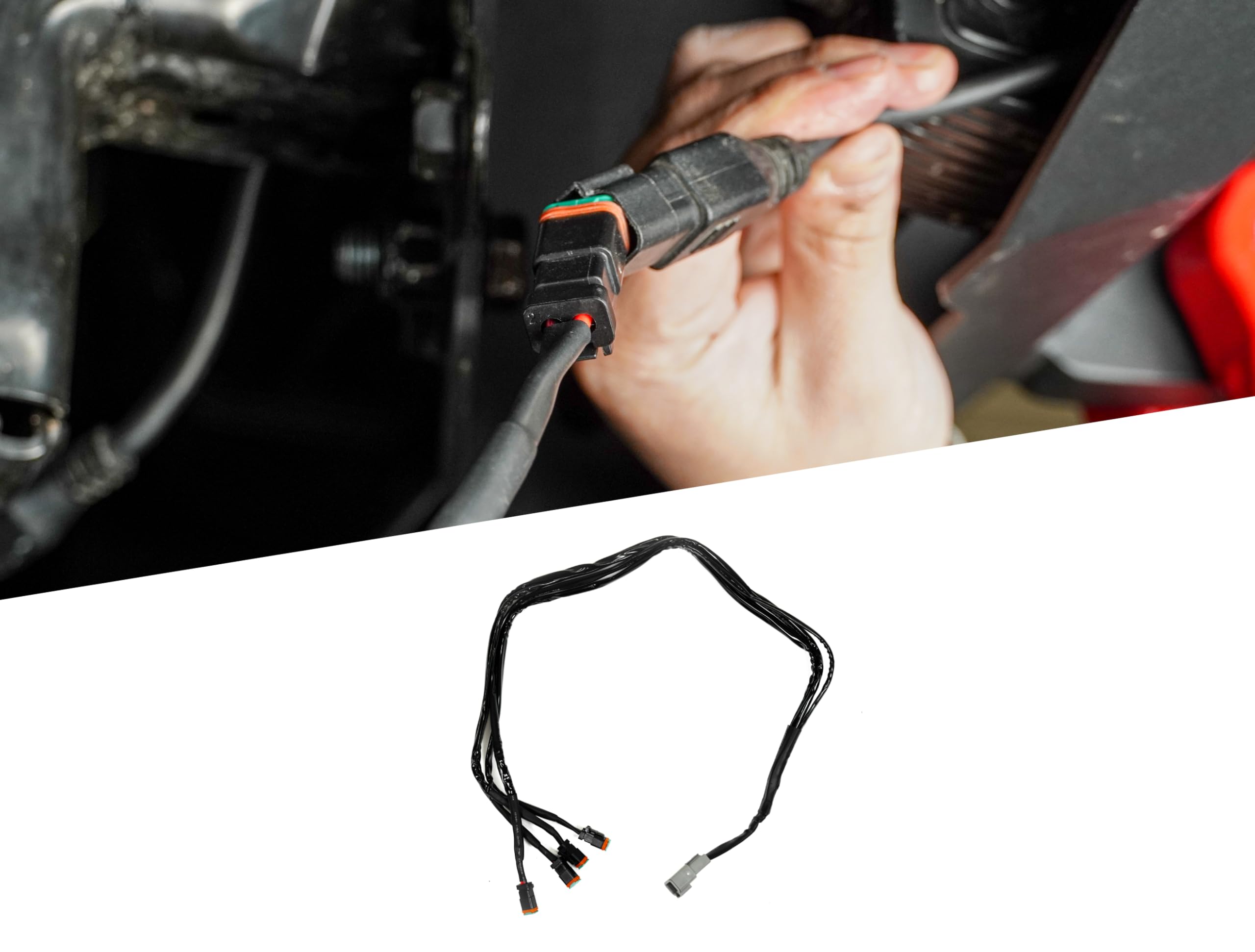 4-Way DV8 Offroad 1-DTP to 4-DTP Plug Harness | (4) 3ft DT Connectors | Runs DV8 Light Configurations | Weathertight DT Connectors/Wire Connections | 16 AWG Wiring | Pairs w/ DV8's 60 AMP Wire Harness