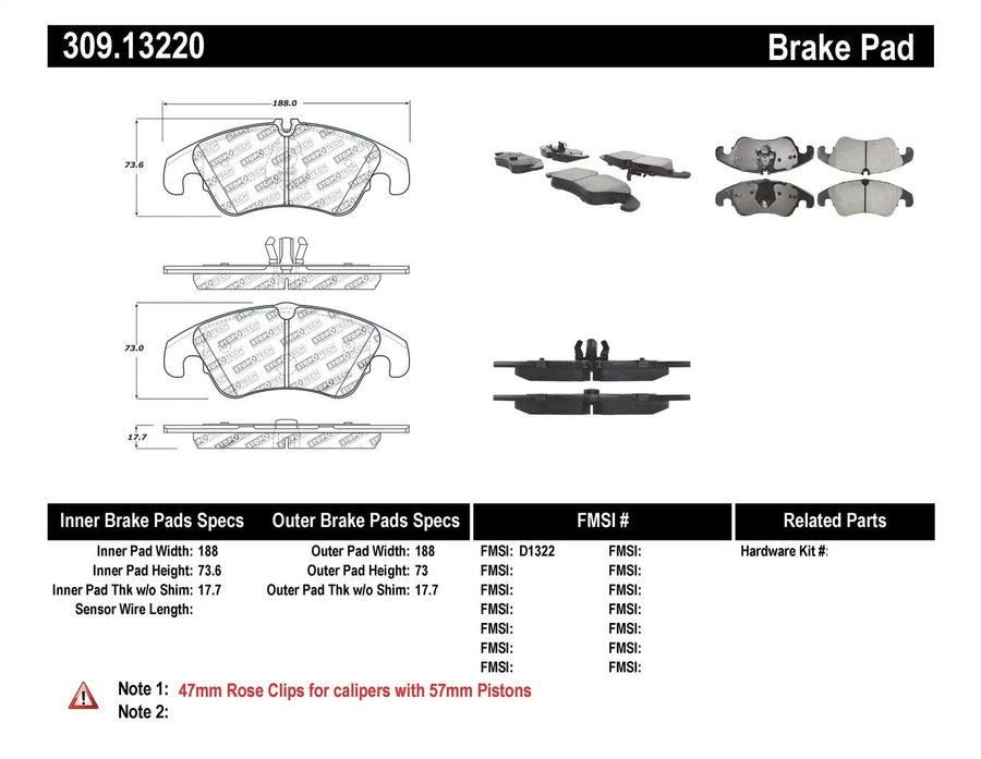 Sport Brake Pads StopTech 309.13220 with Shims and Hardware