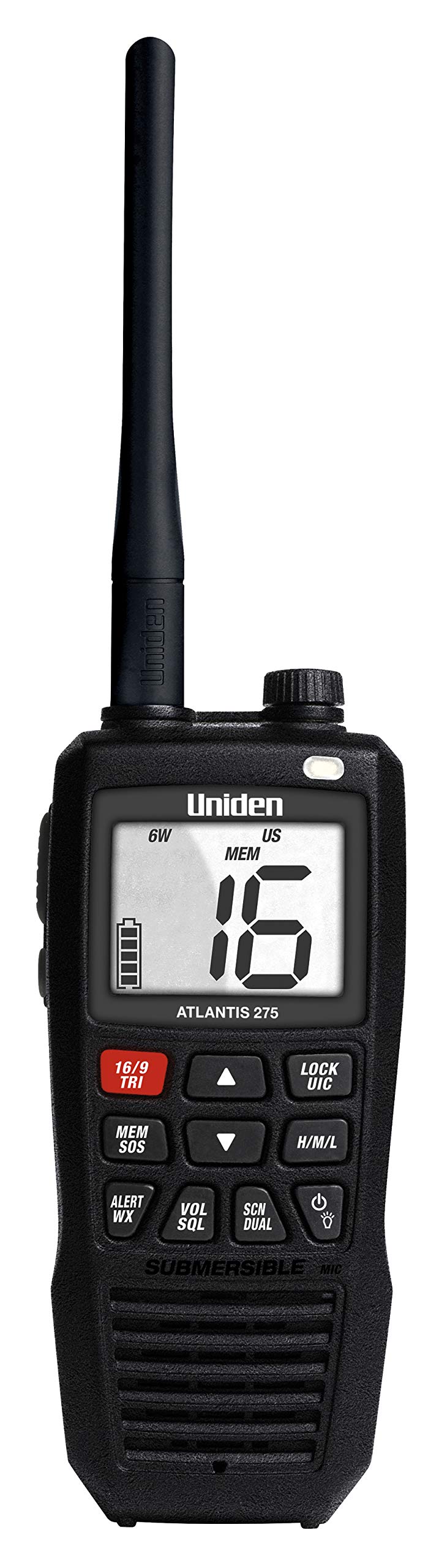 Atlantis 275 Uniden Handheld Two-Way VHF Marine Radio, Floating IPX8 Submersible Waterproof, Large Dual-Color Screen, 6-Watt, All USA/International/Canadian Marine Channels, NOAA Weather Alerts