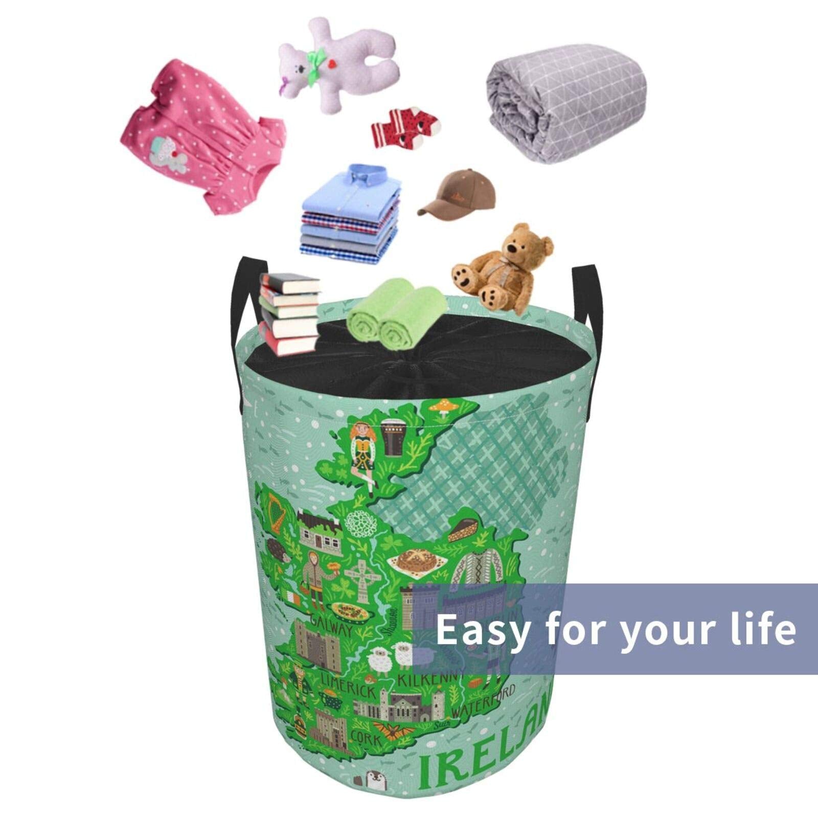 Map Of Ireland Travel Large Storage Baskets With Irish Castles People Symbols Traditional Food (1),Drawstring Waterproof Round Collapsible Laundry Hamper for Dirty Clothes Toy Home Office 21.6"X16.5"