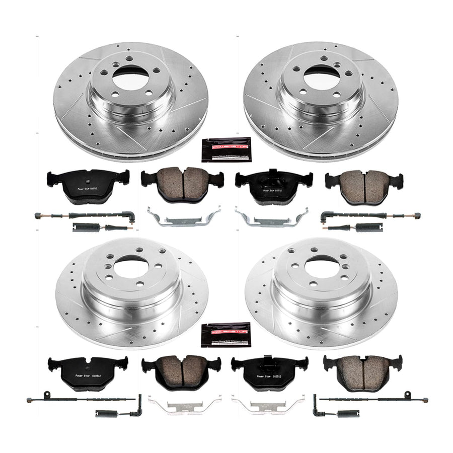 Power Stop K5741 Z23 Carbon Fiber Brake Pads Front and Rear with Drilled & Slotted Brake Rotors Kit and 2 Front & 2 Rear Sensor Wires