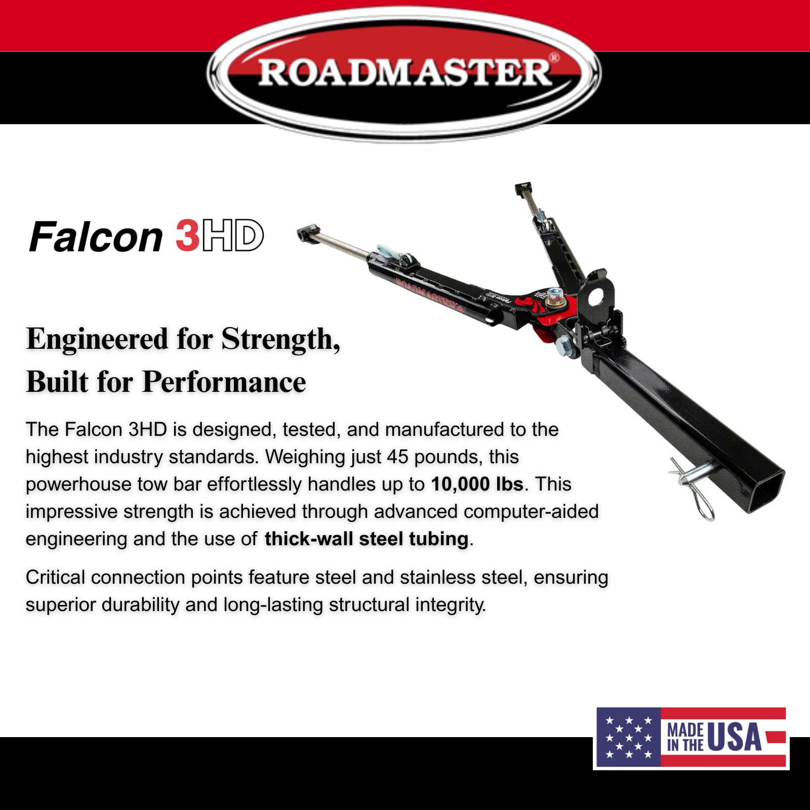 Falcon 3HD Roadmaster Tow Bar fits Roadmaster Baseplates | Hauls Up to 10,000 lbs | Self-Aligning Arms | Non-Binding Design | Large Hook-Up Radius | Powder-Coated Finish