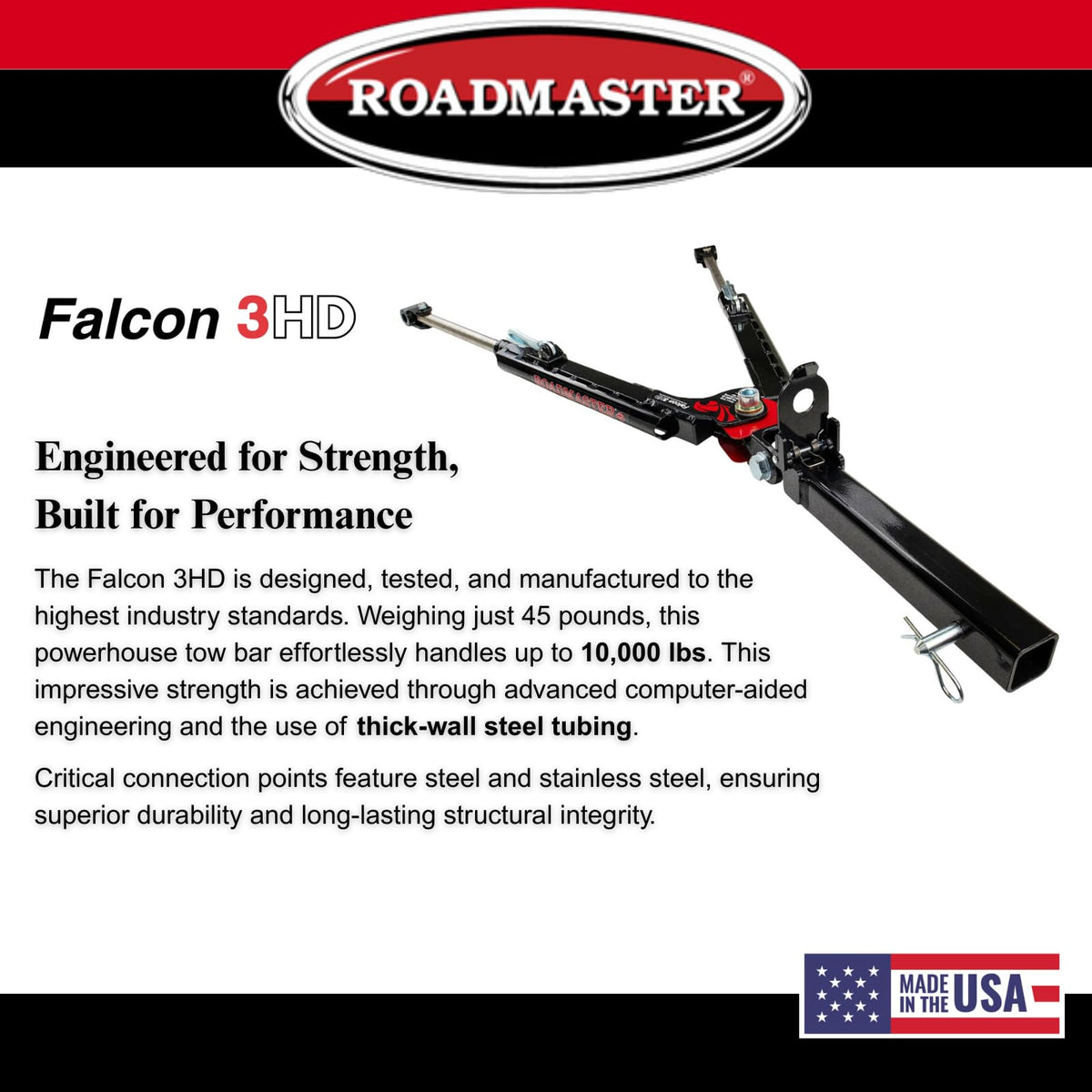 Falcon 3HD Roadmaster Tow Bar fits Roadmaster Baseplates | Hauls Up to 10,000 lbs | Self-Aligning Arms | Non-Binding Design | Large Hook-Up Radius | Powder-Coated Finish