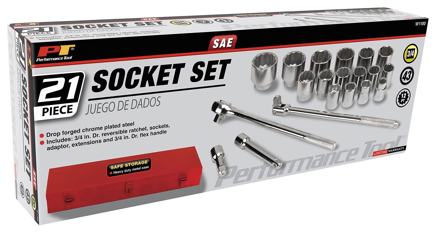 W1180 Performance Tool SAE 3/4-Inch Drive Socket Set, 21-Piece