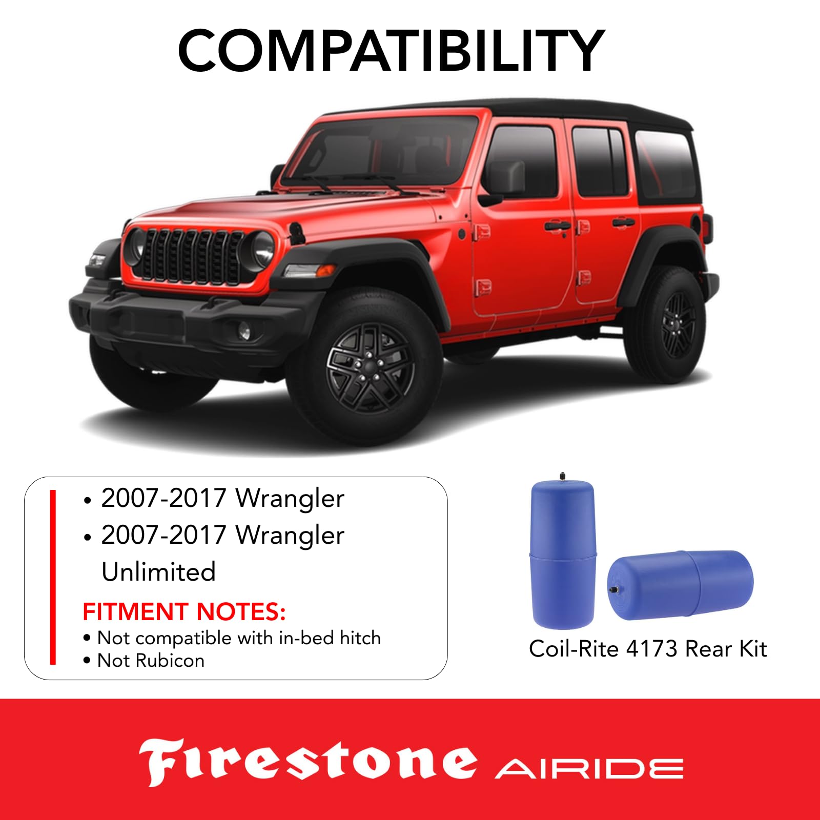 Firestone 4173 Airide Coil-Rite Rear Springs Kit fits 2007-2017 Wrangler Unlimited | 5-35 PSI | No Drill Installation | Load Capacity of 1,000 Pounds | Made of Elastic Polyurethane
