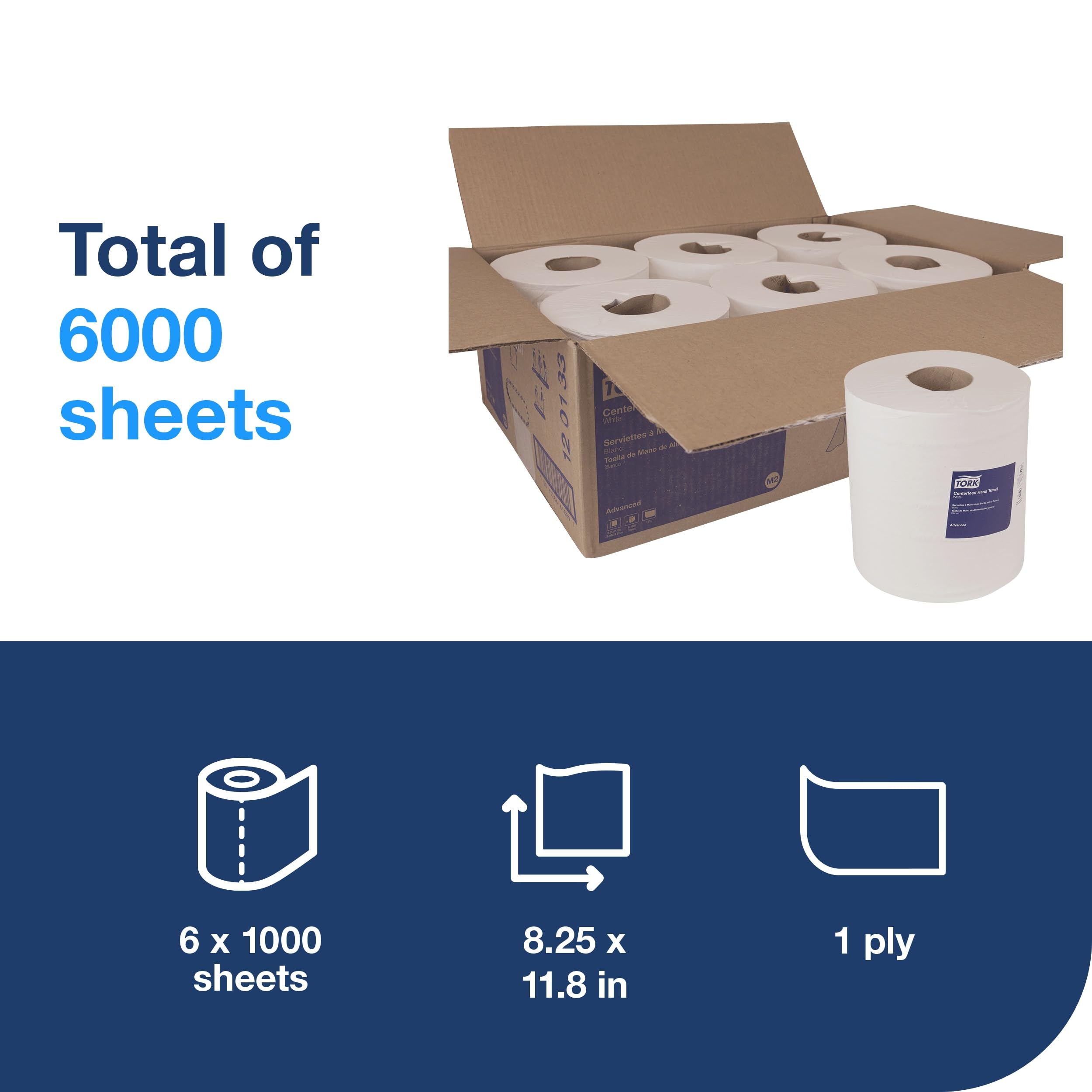 Tork White Centerfeed Paper Wiper M2, High Absorbency, 6 x 1000 Sheets, 120133