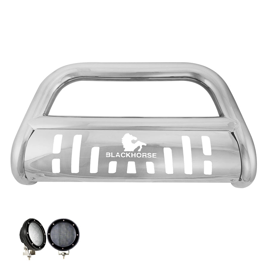 Bull Bar Black Horse Incl. pair of 5.3"Dia.LED Lights w/ Black Trim Rings Skid Plate Stainless Steel Compatible with 11-19 Chevrolet Silverado 2500 HD|11-19 Silverado 3500 HD|11-19 Sierra 2500/3500 HD