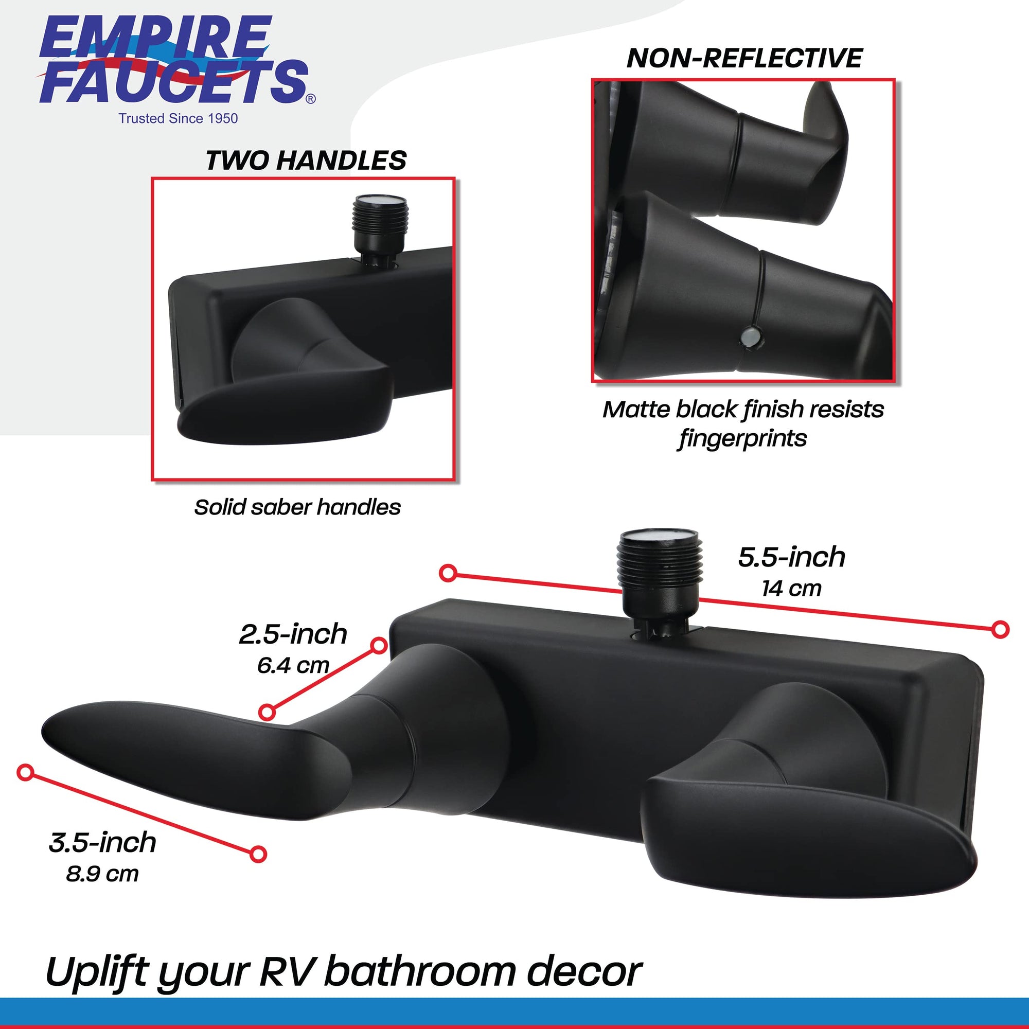 Double Lever Empire Faucets Shower Valve, 1pc - Matte Black RV Bathroom Faucet Valve, Non-Metallic with Vacuum Breaker