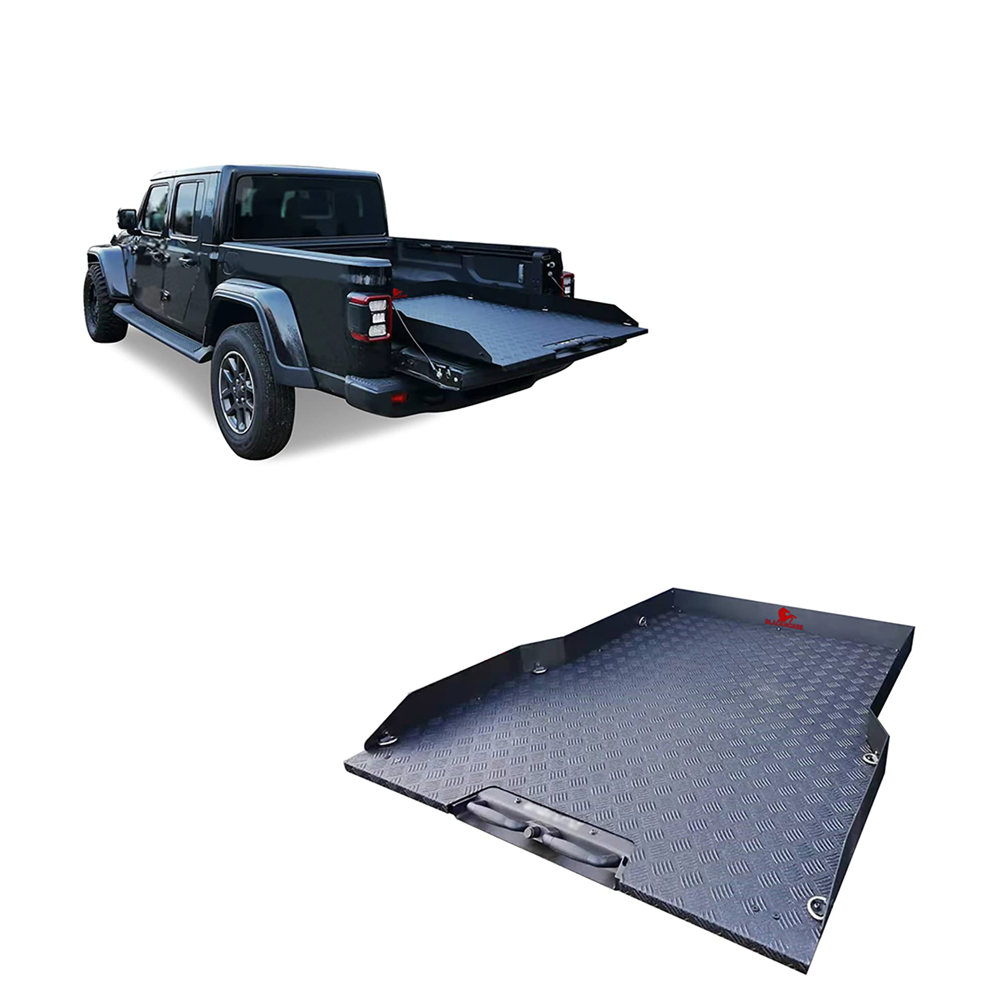 Slide Tray Black Horse Textured Black Compatible with 2016-2024 Toyota Tacoma, 2015-2024 Chevrolet Colorad, 2019-2024 Ford Range, 2024-2024 Nissan Frontier, 2021-2024 Jeep Gladiator-BSCP03B