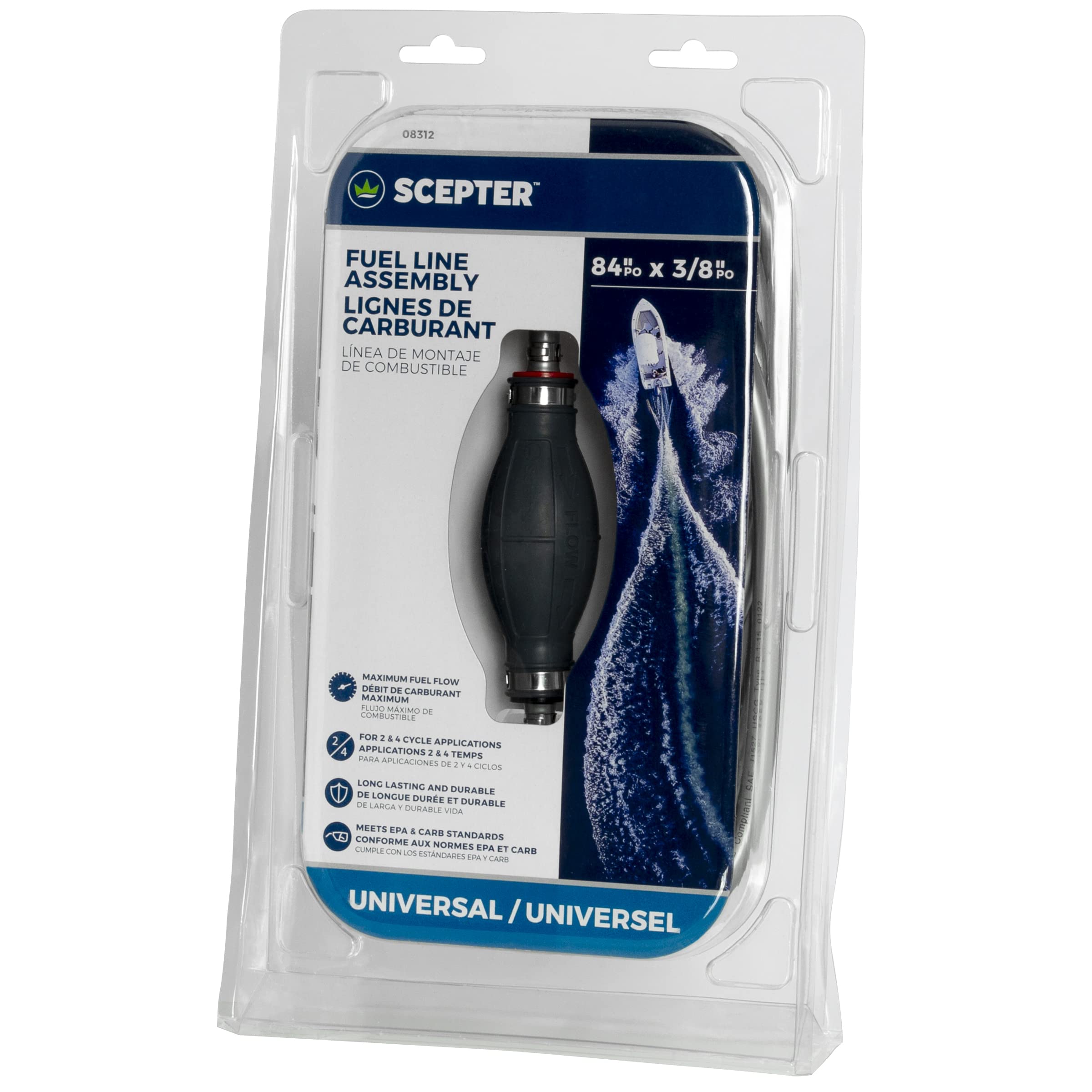 Scepter Outboard Marine Boat Motor Fuel Line Kit, Includes 7-Foot, 3/8 Inch Inner Diameter Fuel Line Hose, EPA/CARB Compliant Primer Bulb, and Connectors, Universal Fit (08312)