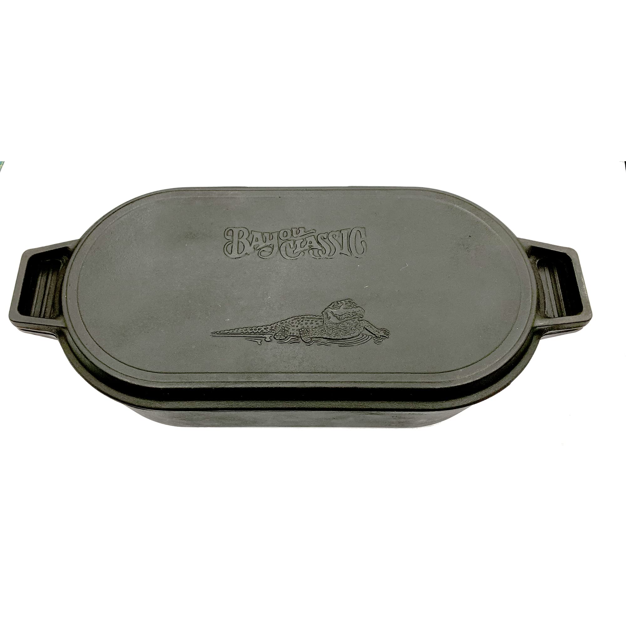 Bayou Classic 7477 6-qt Oval Cast Iron Fryer w/ Griddle Lid Perfect For Large Batch Frying Cooking Whole Chickens Pot Roasts & Reverse Griddle Lid Perfect For Large Batch Breakfast Burgers