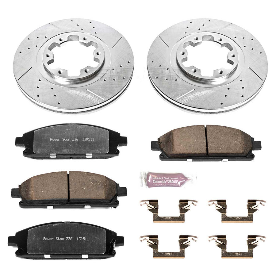 Power Stop Front Brake Kit For 1997 1998 1999 2000 2001 2002 2003 Infiniti QX4 - Carbon Fiber Ceramic Brake Pads & Truck & Tow Drilled and Slotted Rotors Replacement, K2279-36