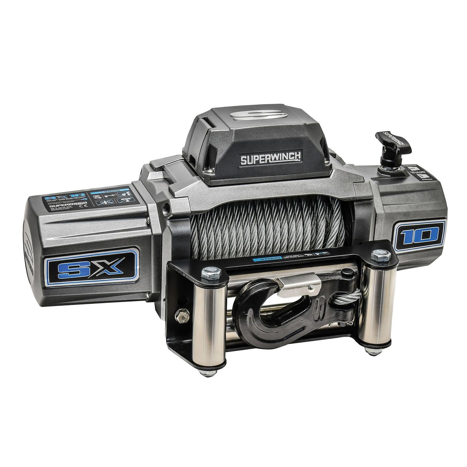 12V DC Superwinch SX10 Waterproof Electric Recovery Winch 10,000lb/4,536kg Single Line Pull with Roller Fairlead 3/8in x 80ft Steel Wire Rope Corded Handheld Remote No-Bind Clutch