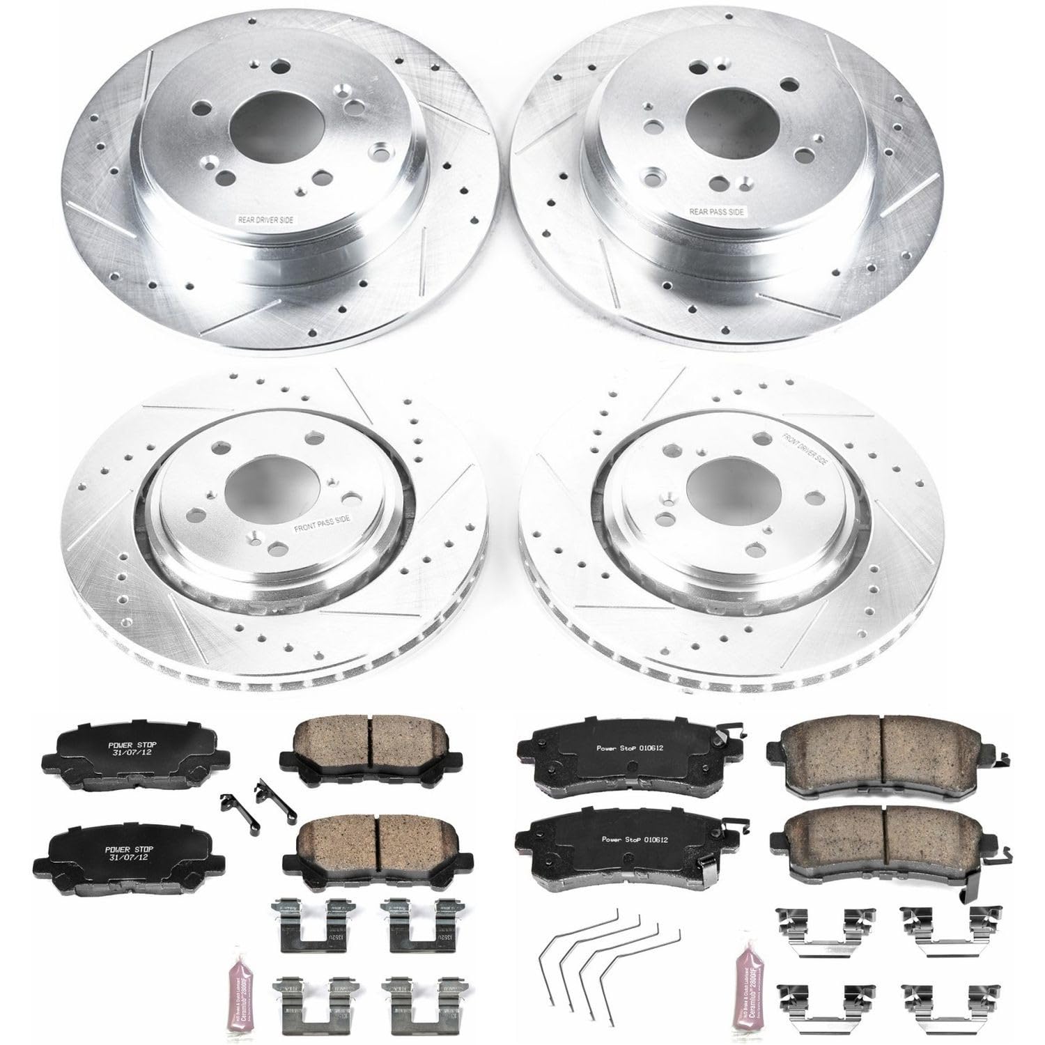 Power Stop K6958 Z23 Carbon Fiber Brake Pads Front and Rear with Drilled Slotted Brake Rotors Brake Kit For 2015 2016 2017 Honda Odyssey