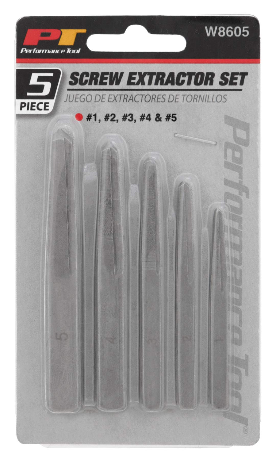 5-Piece Performance Tool W8605 Screw Extractor Set - Remove Damaged or Stripped Screws and Bolts with Carbon Steel Extractors