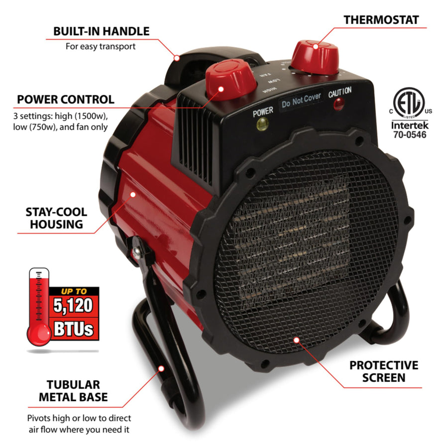 1500W Performance Tool W5010 Ceramic Small Electric Space Heater with Thermostat