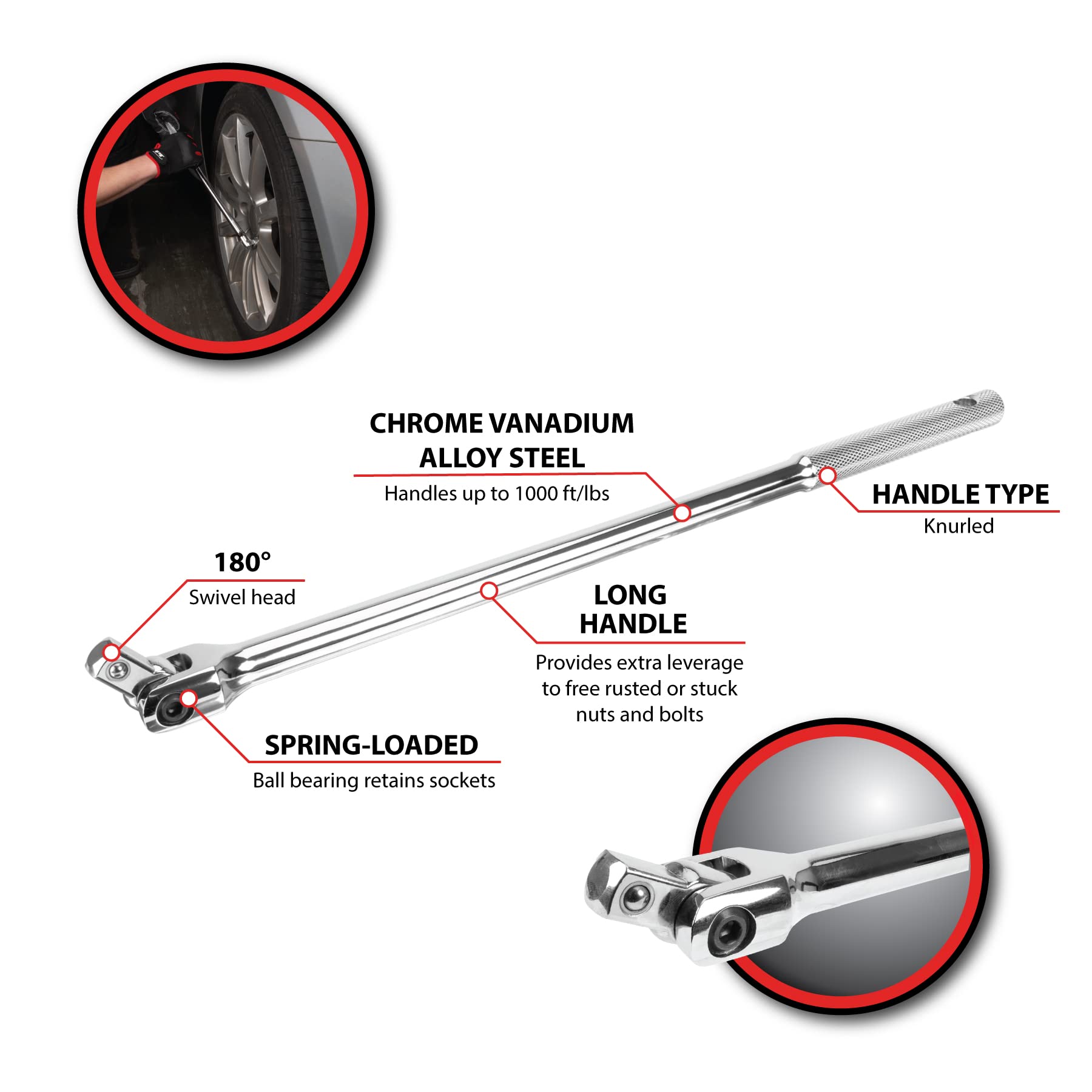 W32119 Performance Tool 1/2-in Drive Flex Handle Home Improvement Hand Tool, Silver, 15-Inches
