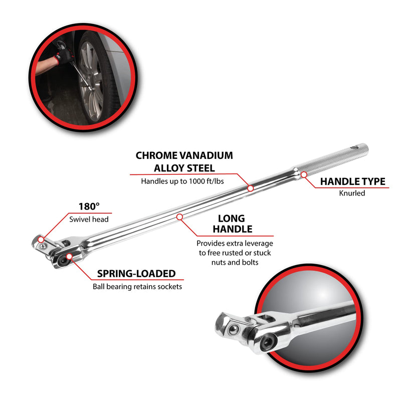 W32119 Performance Tool 1/2-in Drive Flex Handle Home Improvement Hand Tool, Silver, 15-Inches