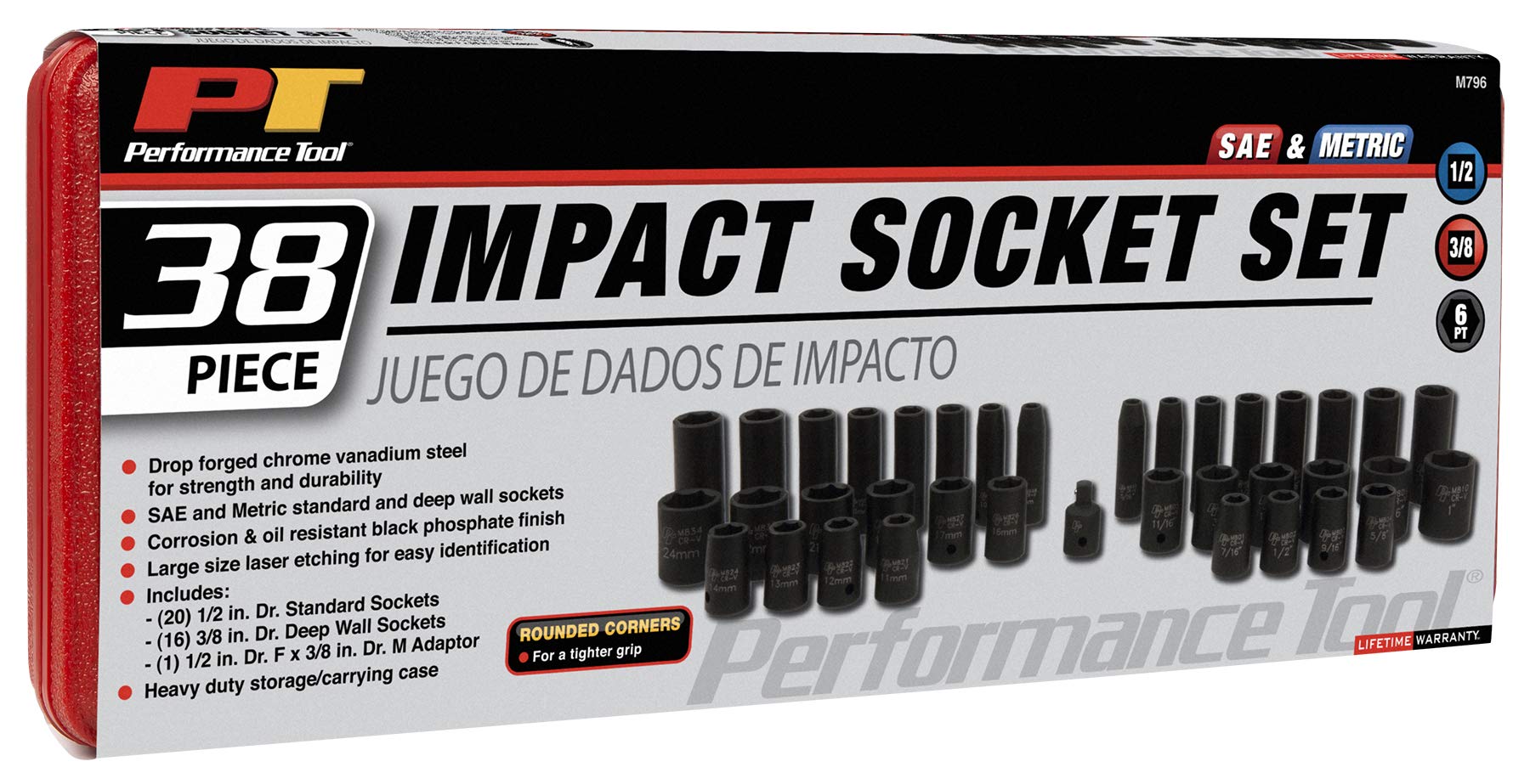 M796 Performance Tool 36-Piece Socket Set - Drop Forged Chrome Vanadium Steel with SAE & Metric Deep and Standard Sizes in Storage Case