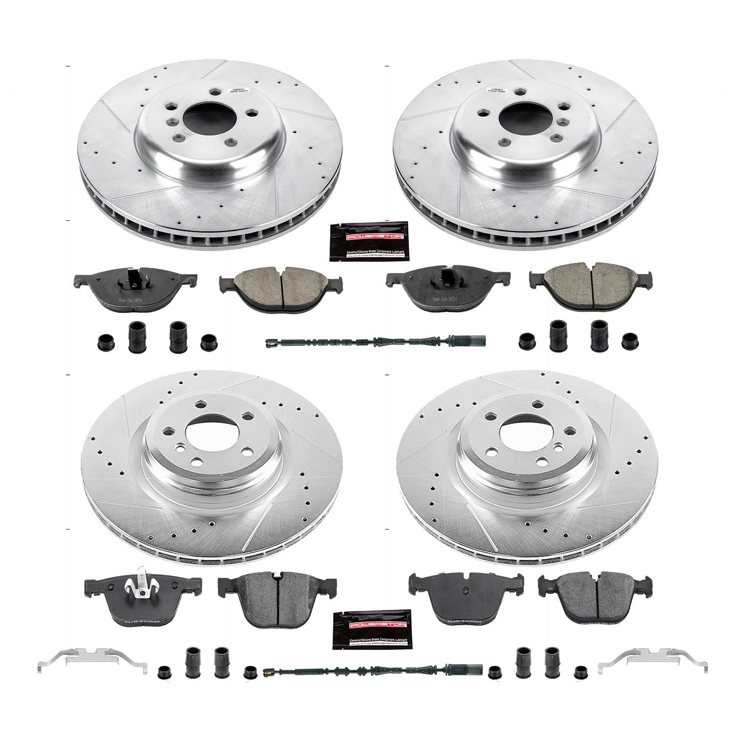 Power Stop K7098 Z23 Carbon Fiber Brake Pads Front and Rear with Drilled & Slotted Brake Rotors Kit and 1 Front & 1 Rear Sensor Wires For BMW 750Li, 750Li xDrive, 750i, 750i xDrive [Model Specific]