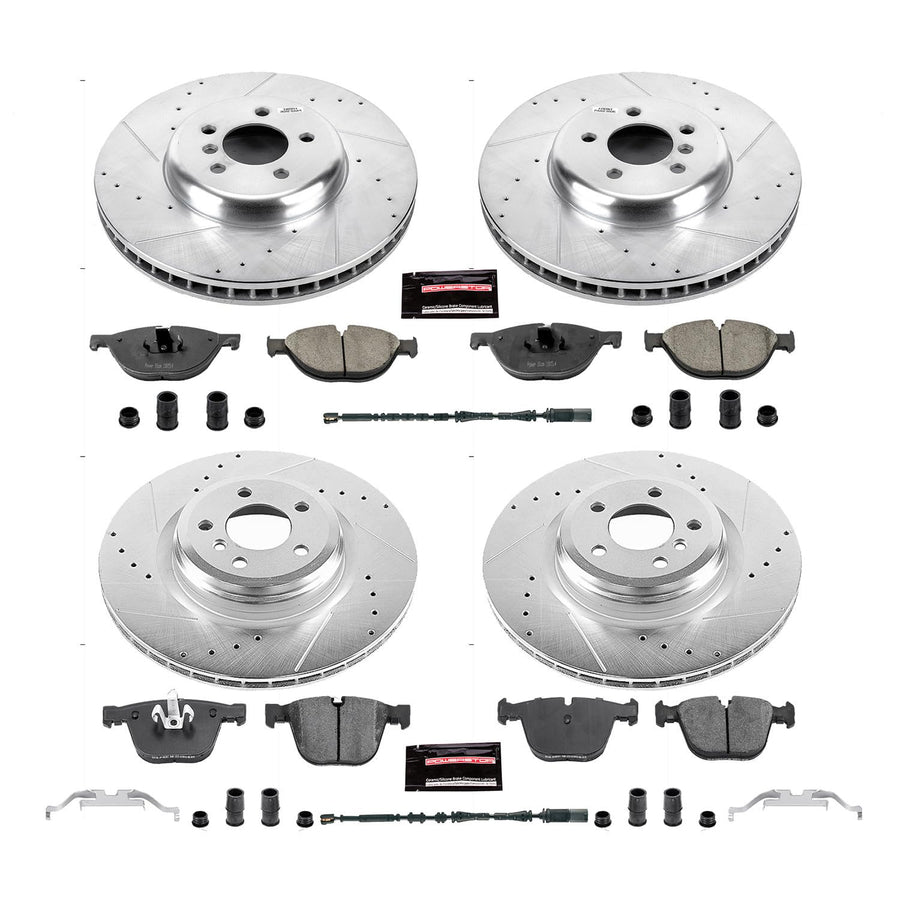 Power Stop K7098 Z23 Carbon Fiber Brake Pads Front and Rear with Drilled & Slotted Brake Rotors Kit and 1 Front & 1 Rear Sensor Wires For BMW 750Li, 750Li xDrive, 750i, 750i xDrive [Model Specific]