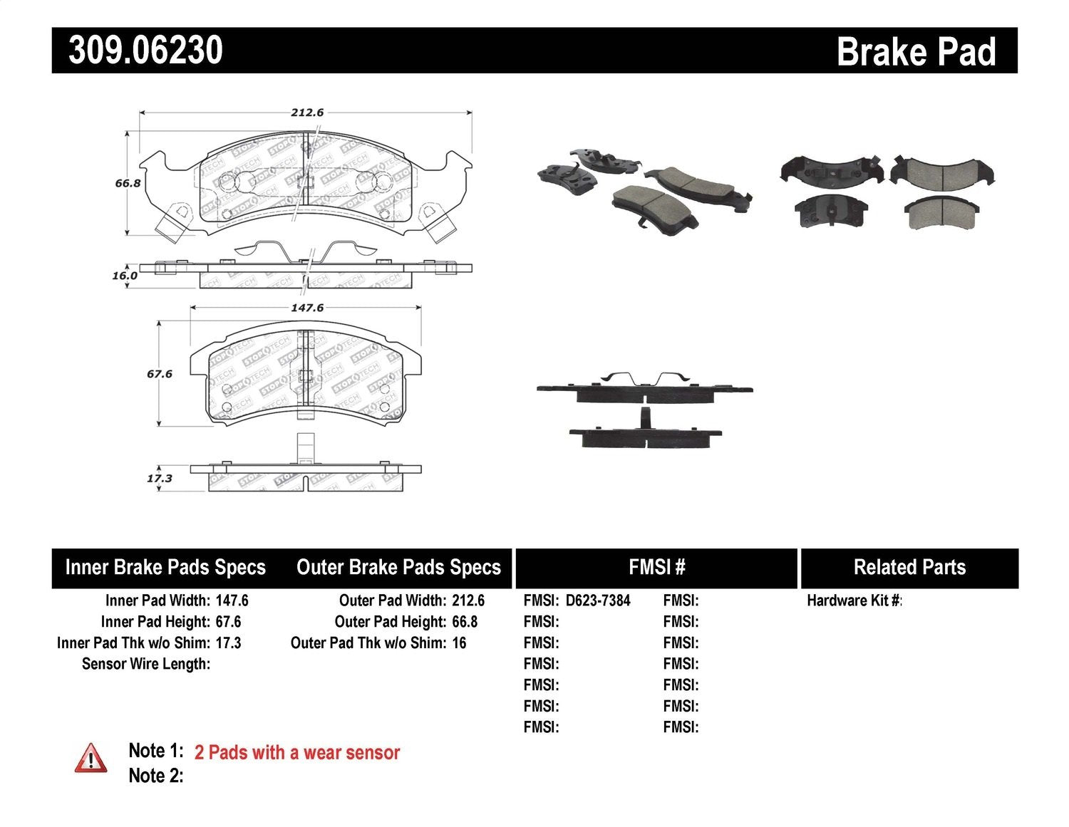 Sport Brake Pads StopTech 309.06230 with Shims and Hardware