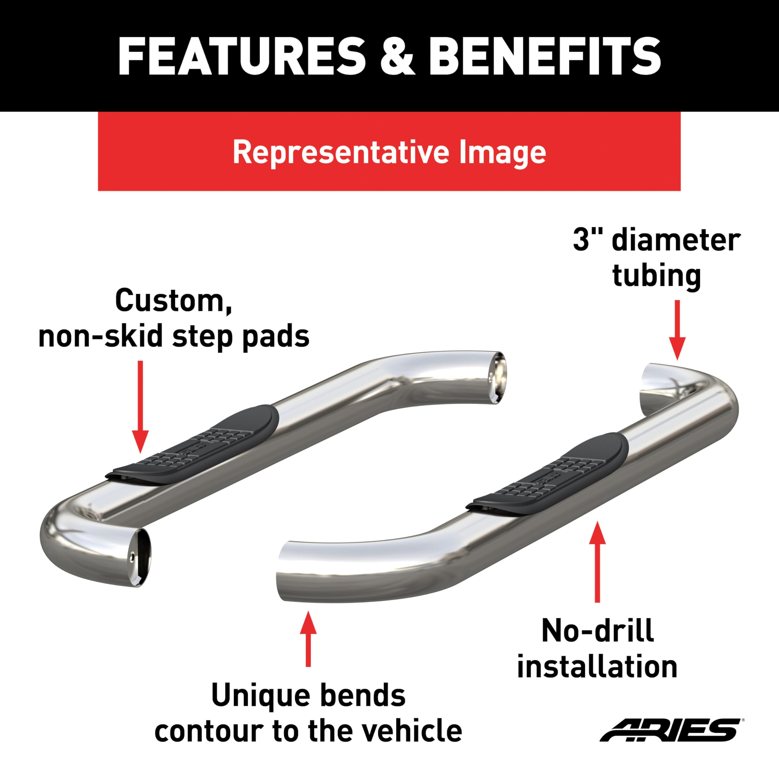 3-Inch Round Polished Stainless Steel ARIES Nerf Bars, No-Drill, Fits Select Jeep Wrangler YJ, TJ