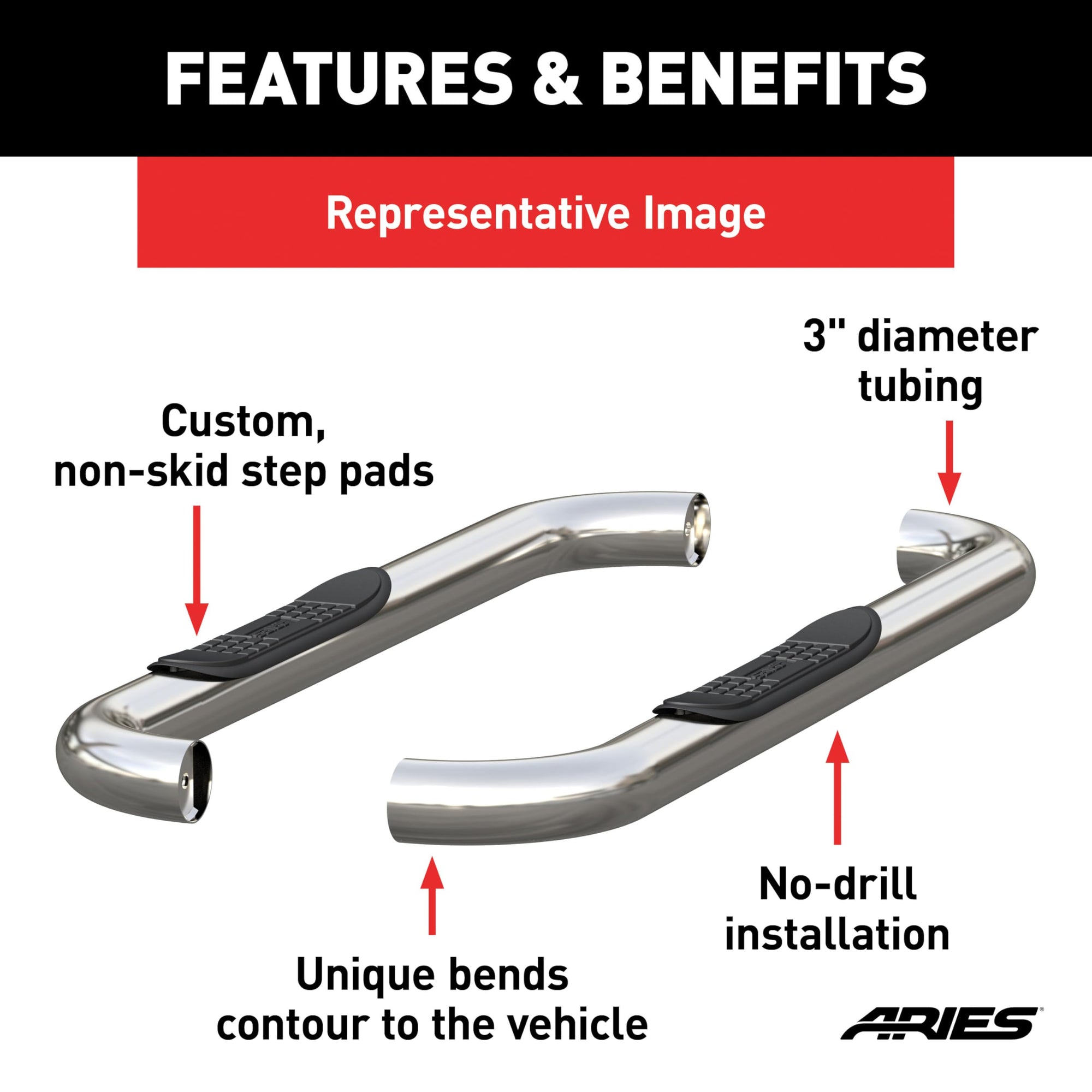 3-Inch Round Polished Stainless Steel ARIES Nerf Bars, No-Drill, Fits Select Jeep Wrangler YJ, TJ