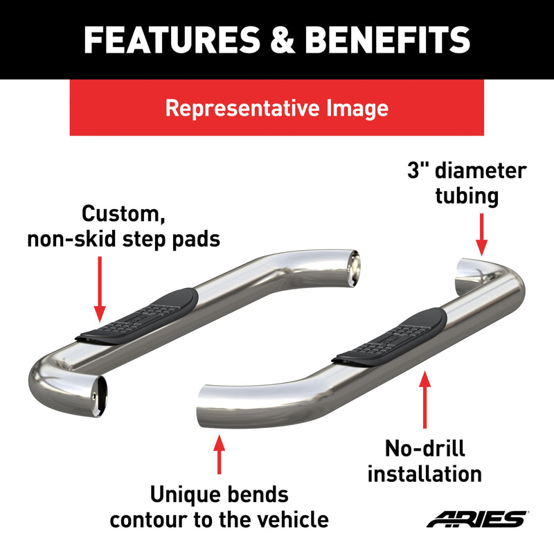 3-Inch Round Polished Stainless Steel ARIES Nerf Bars, No-Drill, Fits Select Jeep Wrangler YJ, TJ
