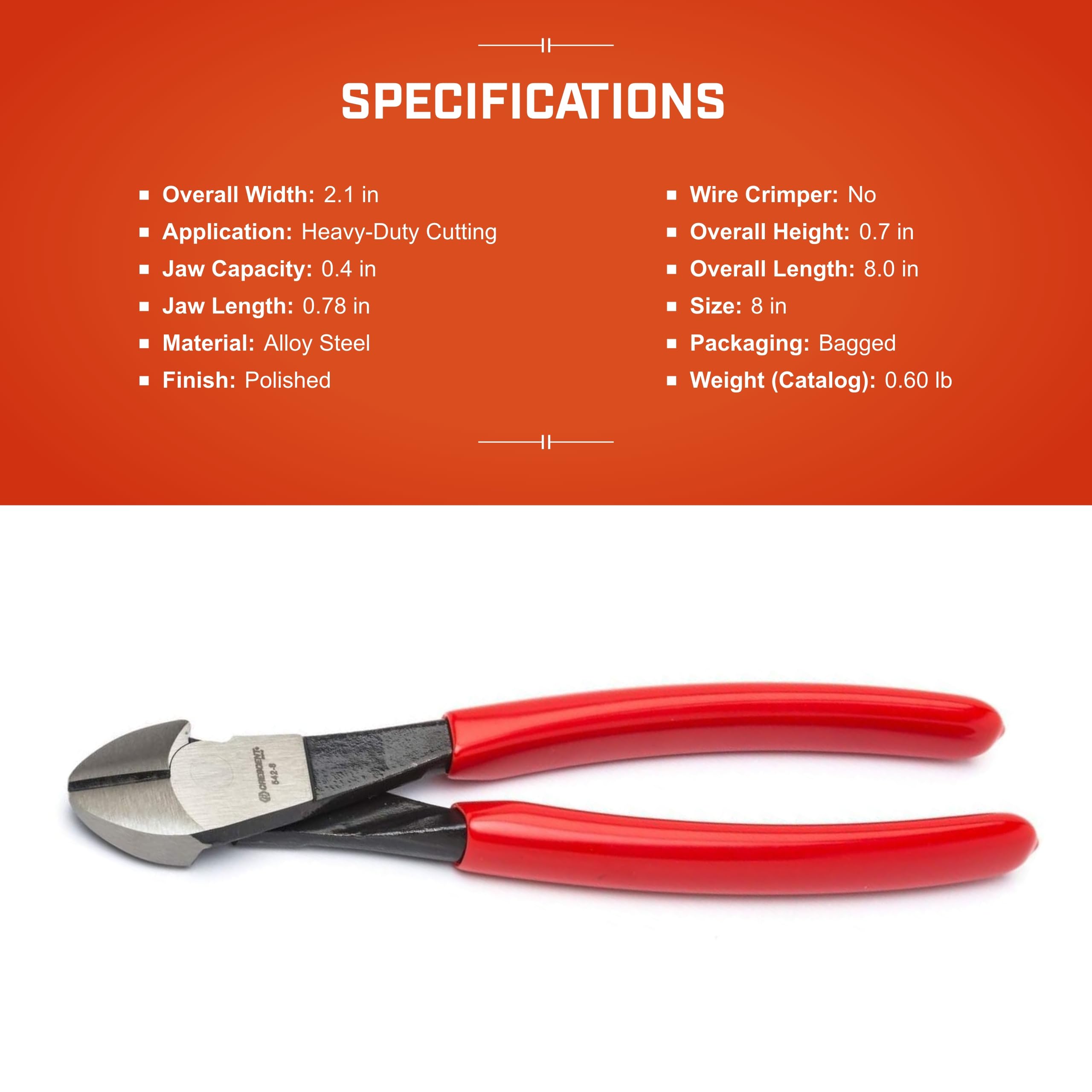 Heavy-Duty Crescent Diagonal Cutting Pliers - Bagged - Home Improvement & Repair - Cutter Tool for Wire & Cable - 8" - 5428CN
