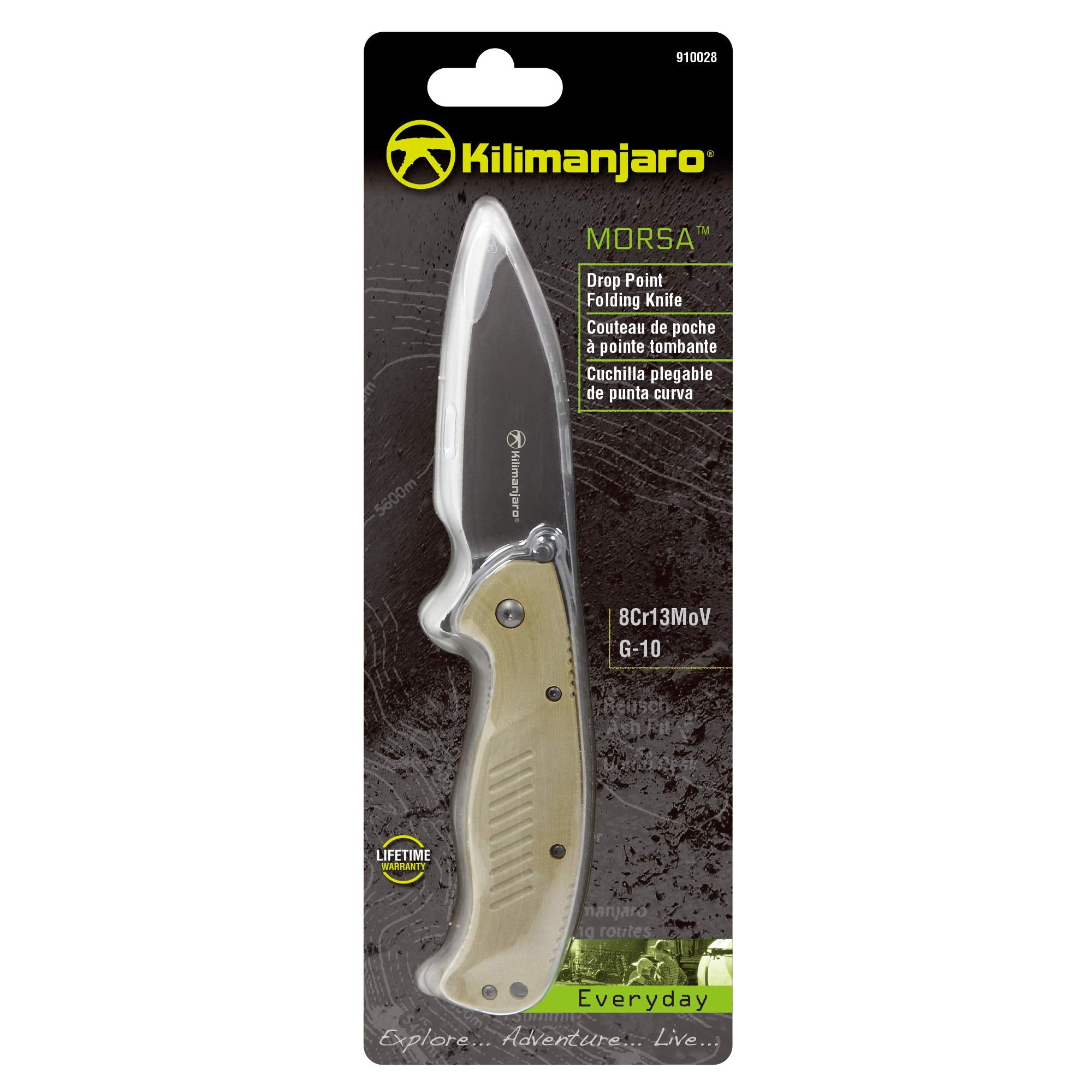 Morsa Kilimanjaro Folding Knife, 3.5-Inch 8Cr13MoV Stainless Steel Blade with Titanium Nitride Coating, G10 Handle, Flipper Opening with Dual Thumb Stud and Liner Lock – 910028