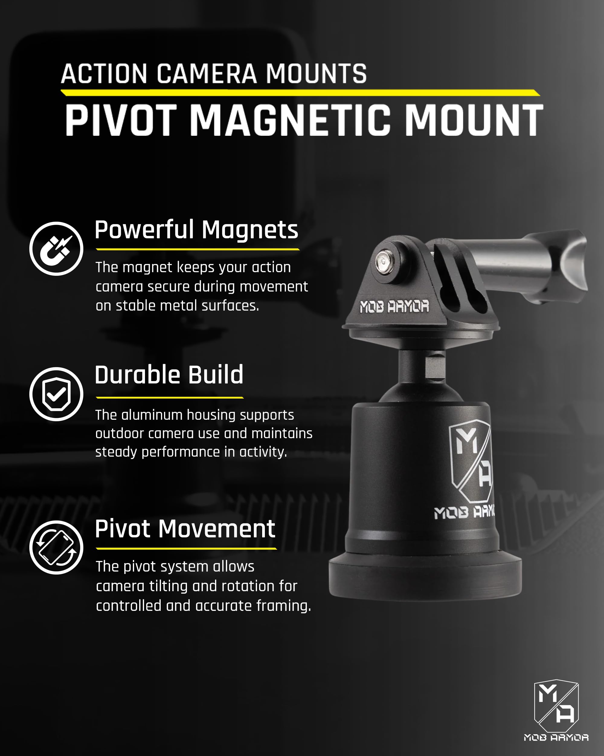 Mob Armor Pivot Mount Action Camera - Heavyduty Magnetic Base for GoPro and Action Cameras, Adjustable 90° Ball Joint, and Ultra-Strong 90 lb Pull-Force for Versatile Filming (5 x 5 x 5 Inches)