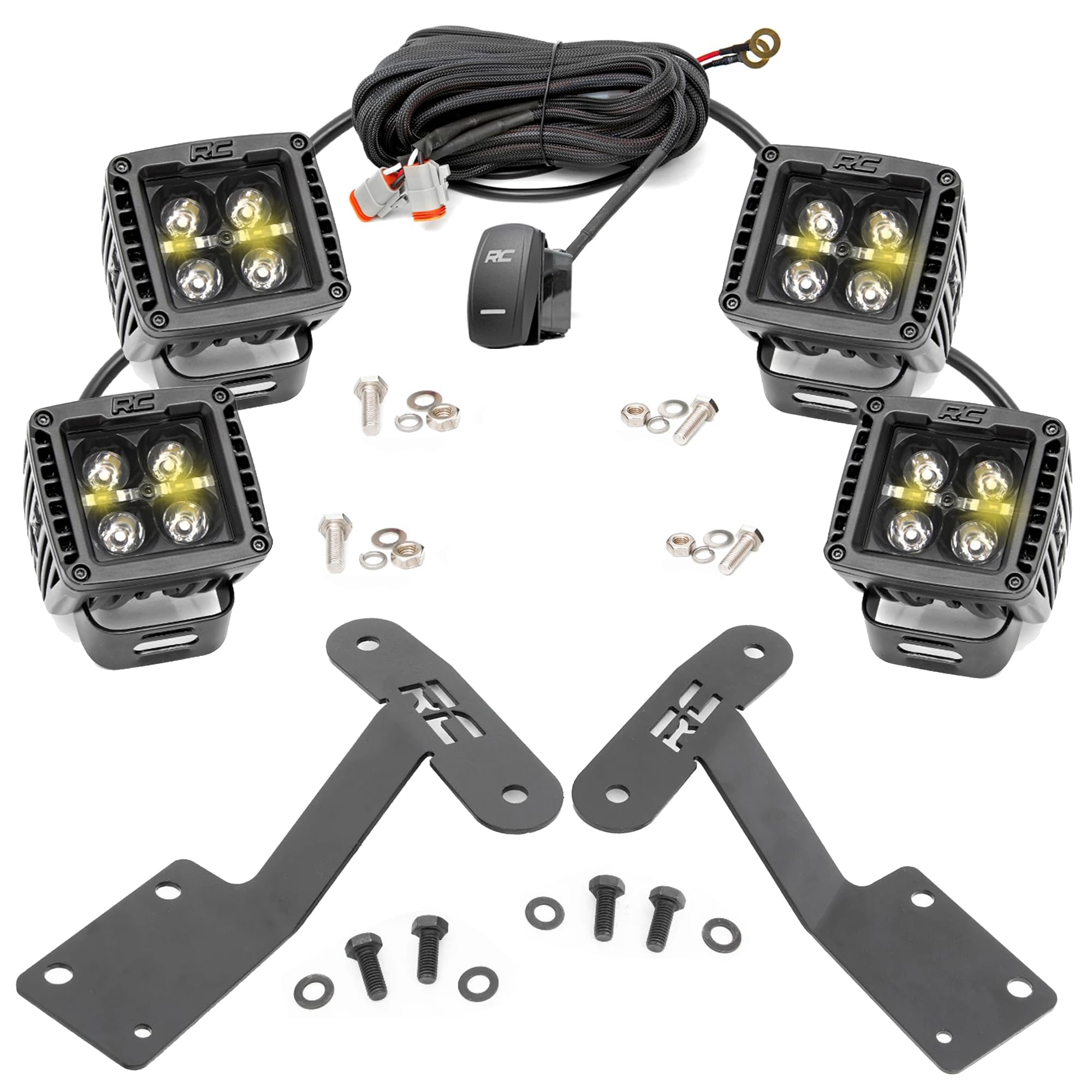 Rough Country 2" Quad Cube LED Lights with Amber DRL for Toyota Tundra (2014-2021) - Lower Windshield Mount, 7,200 Lumens, Spot Beam Off-Road Lighting