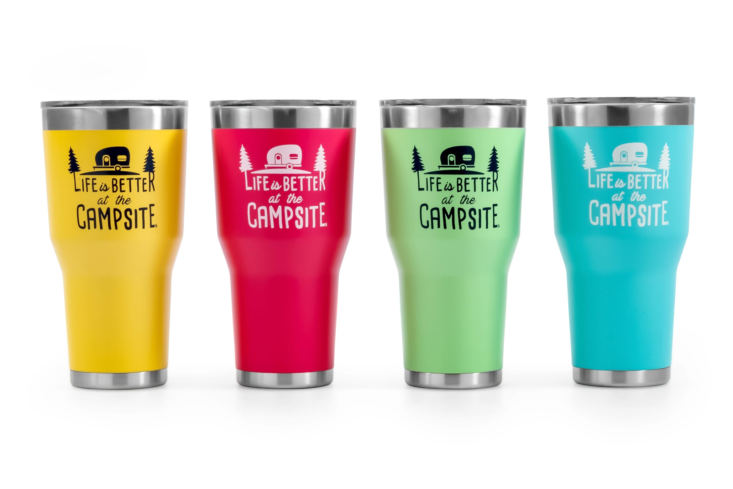 Camco Tumbler Life is Better at The Campsite | Heavy Duty Double Wall Vacuum Insulation | Crafted of 18/8 Stainless Steel | Unique “Life is Better at The Campsite” Design on Coral Pink | 30-oz (53062)