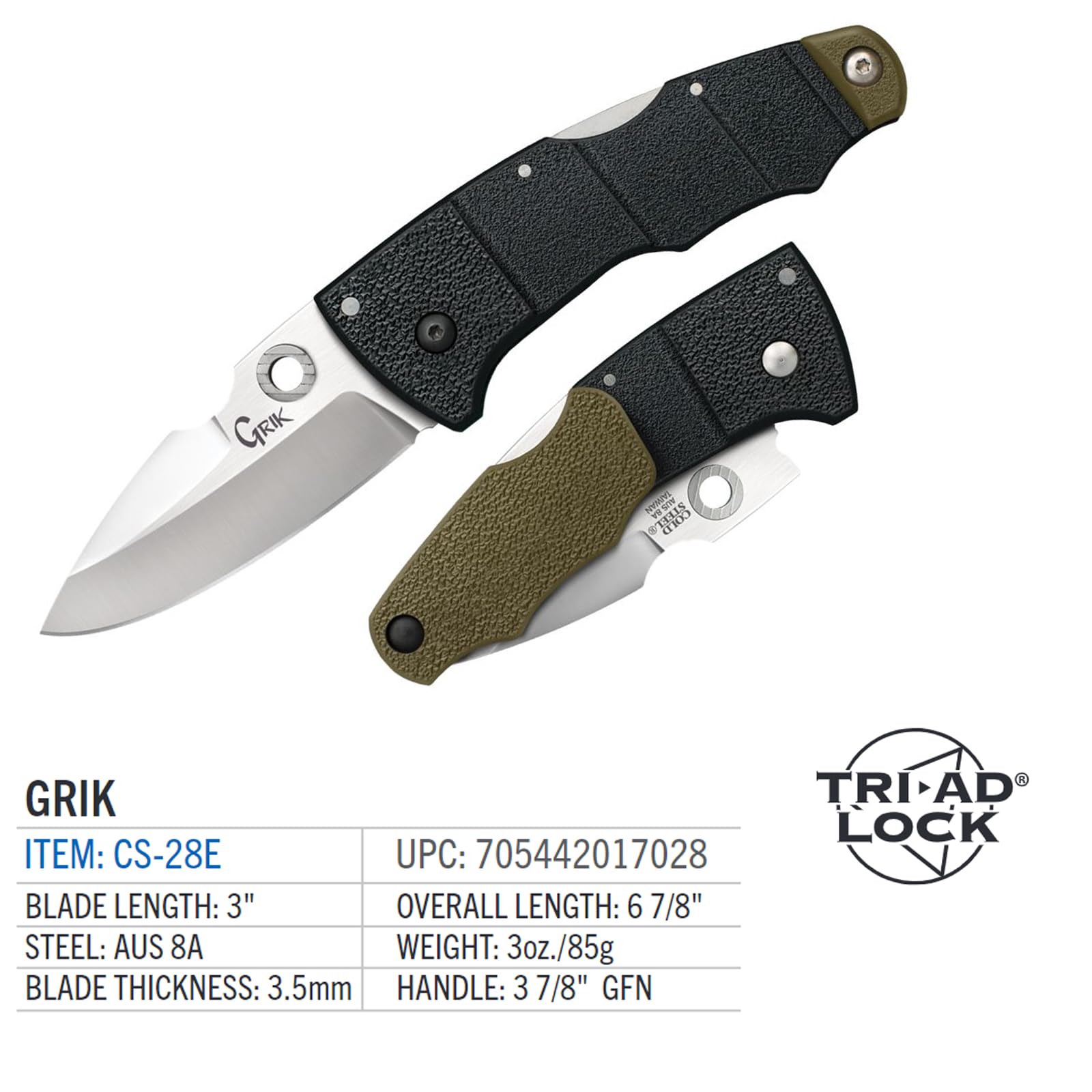 Grik COLD STEEL 3" AUS8A Spear Point Razor-Sharp Blade 3.875" GFN Handle Everyday Carry Versatile Pocket Folding Knife w/Tri-Ad Lock