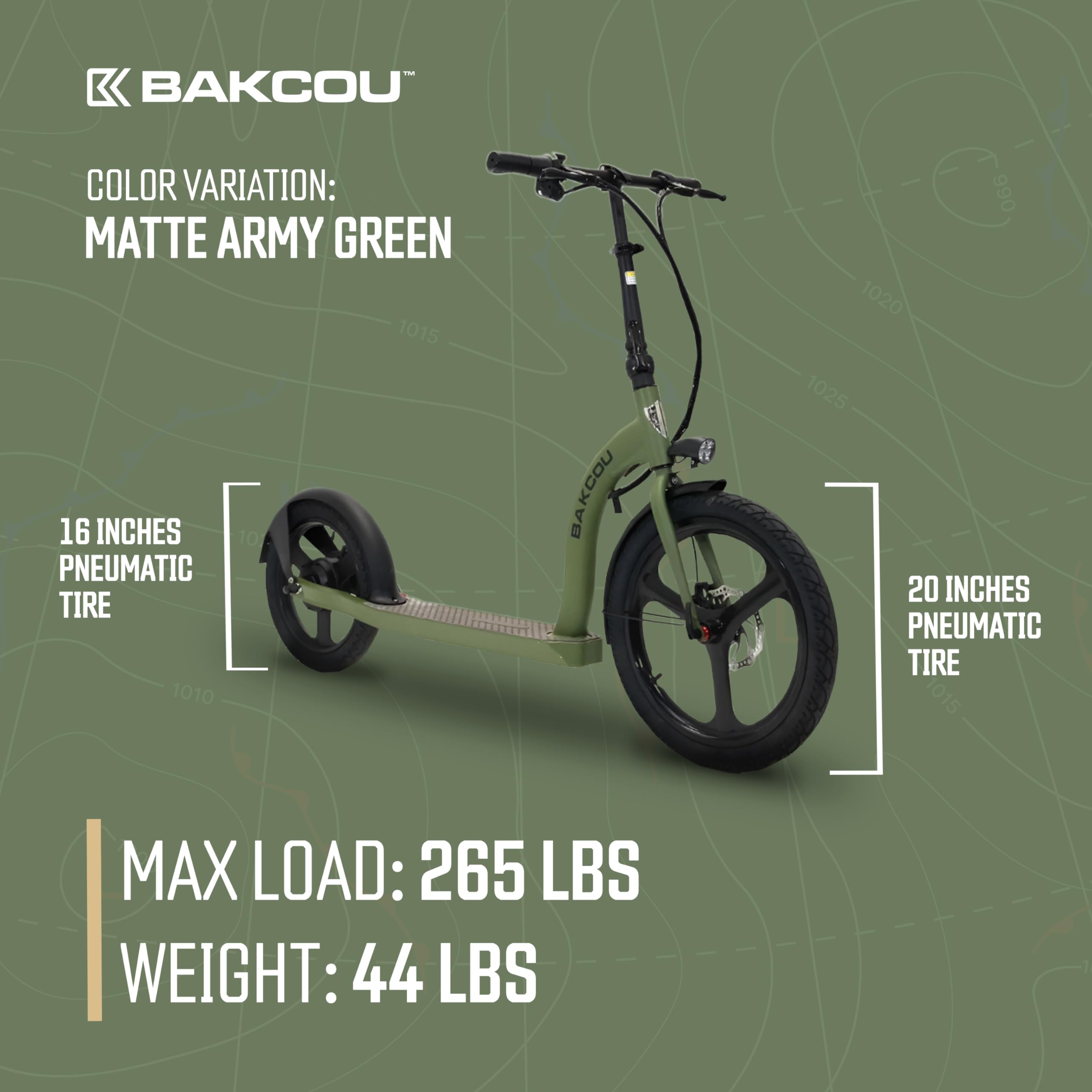 Bakcou - Badger Foldable Electric Scooter with Seat - Matte Green - 350W Motor 36V Battery, Large Wheels, Disc Brakes with Lights, Horn & Charger