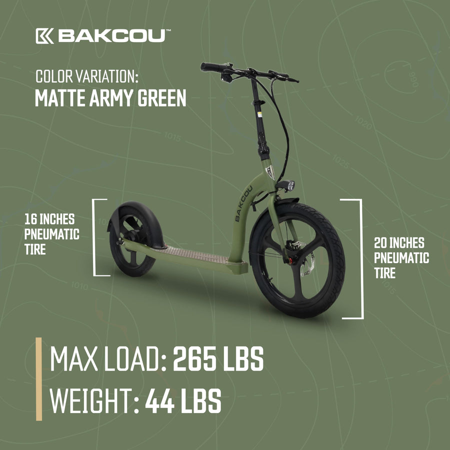 Bakcou - Badger Foldable Electric Scooter with Seat - Matte Green - 350W Motor 36V Battery, Large Wheels, Disc Brakes with Lights, Horn & Charger
