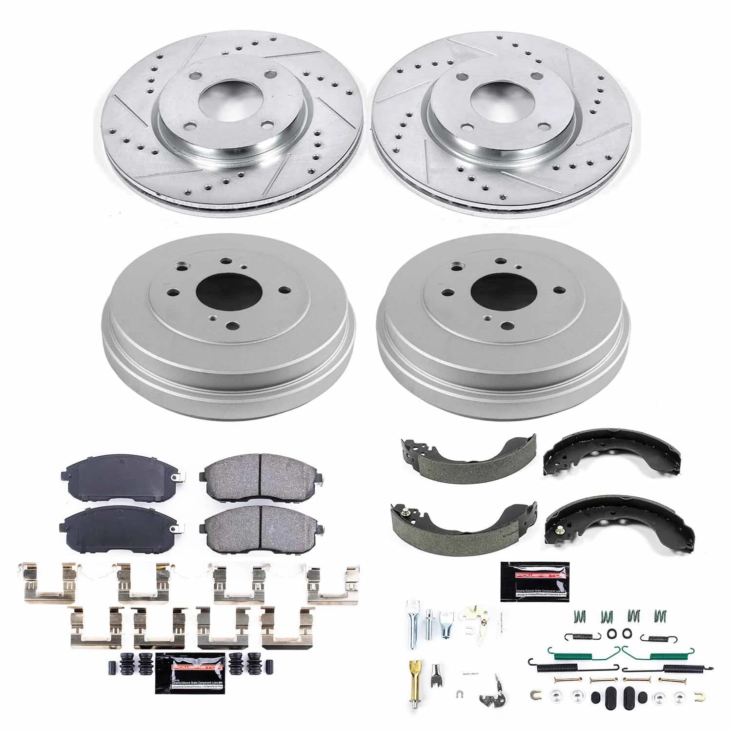 Power Stop K15252DK Z23 Carbon Fiber Brake Pads Front and Rear with Drilled & Slotted Brake Drums Kit
