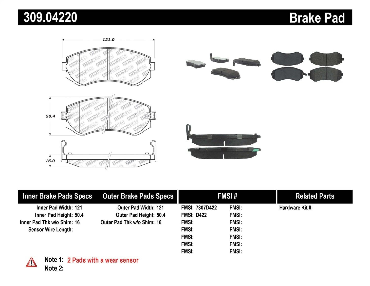 Sport Brake Pads StopTech 309.04220 with Shims and Hardware