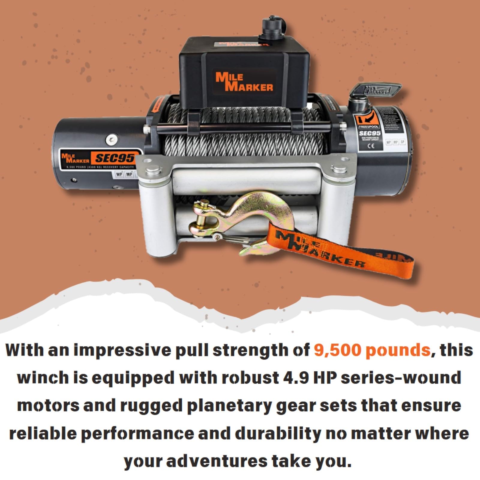SEC95 Mile Marker 76-50246BW Winch - 9500 lb. Weight Capacity - Steel Cable & Roller Fairlead - Corrosive Resistant Materials - Remote Control Included - Fully Sealed 400 Amp Solenoids