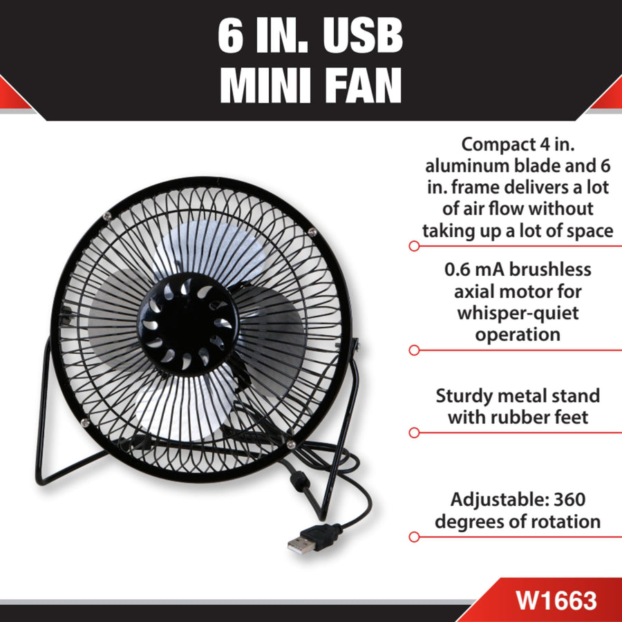 W1663 Performance Tool 6-Inch Blade (Powerful Airflow, Low Noise, Metal Design, USB Powered, Personal Table Fan, Mini Cooling Fan, Small Desk Fan, Quiet Office Fan), 1 Pack