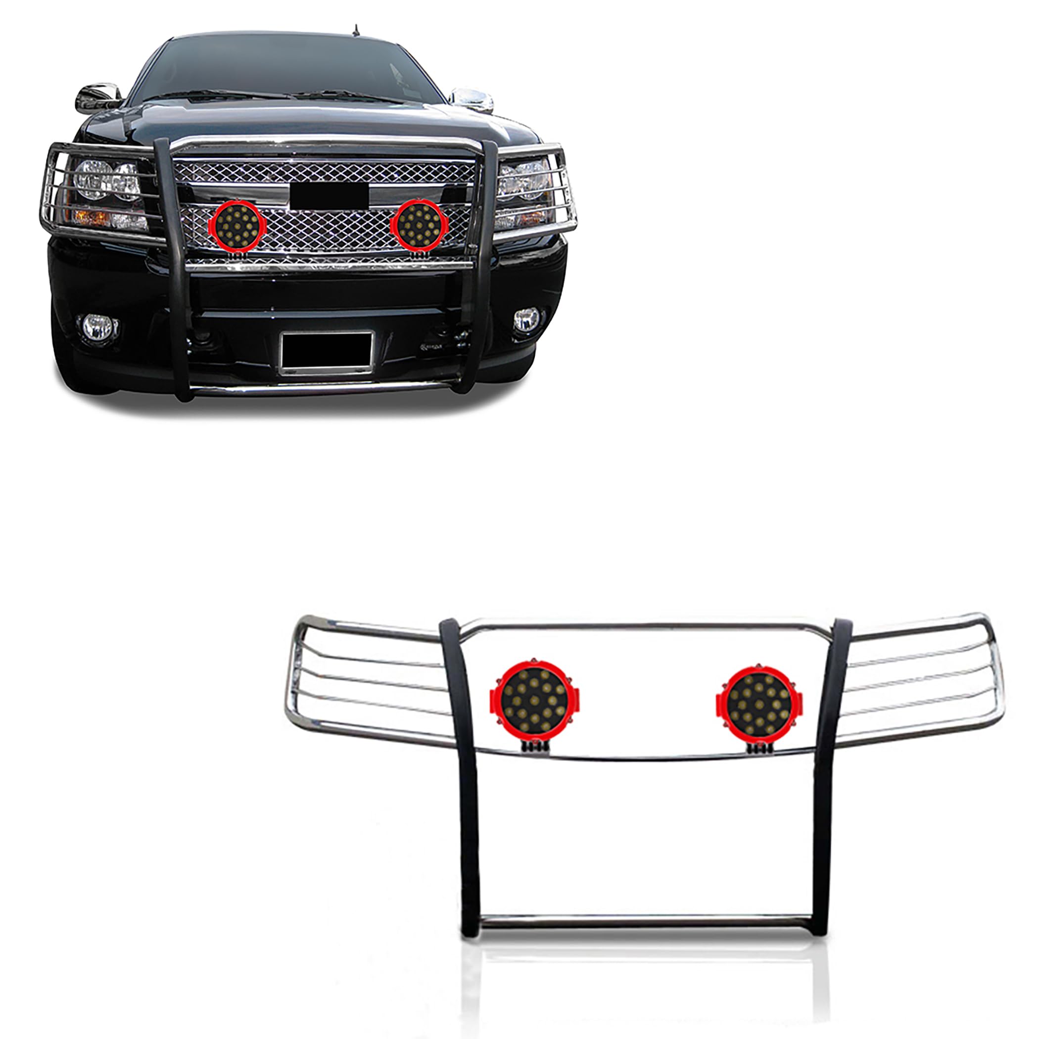 Bumper Guard Modular Black Horse Grille brush Stainless Steel Come With pair of 7.0"LED Lights with Red Trim Rings Compatible with 2007-2013 Avalanche|2007-2014 Suburban 1500/Tahoe-17A037400MSS-PLR